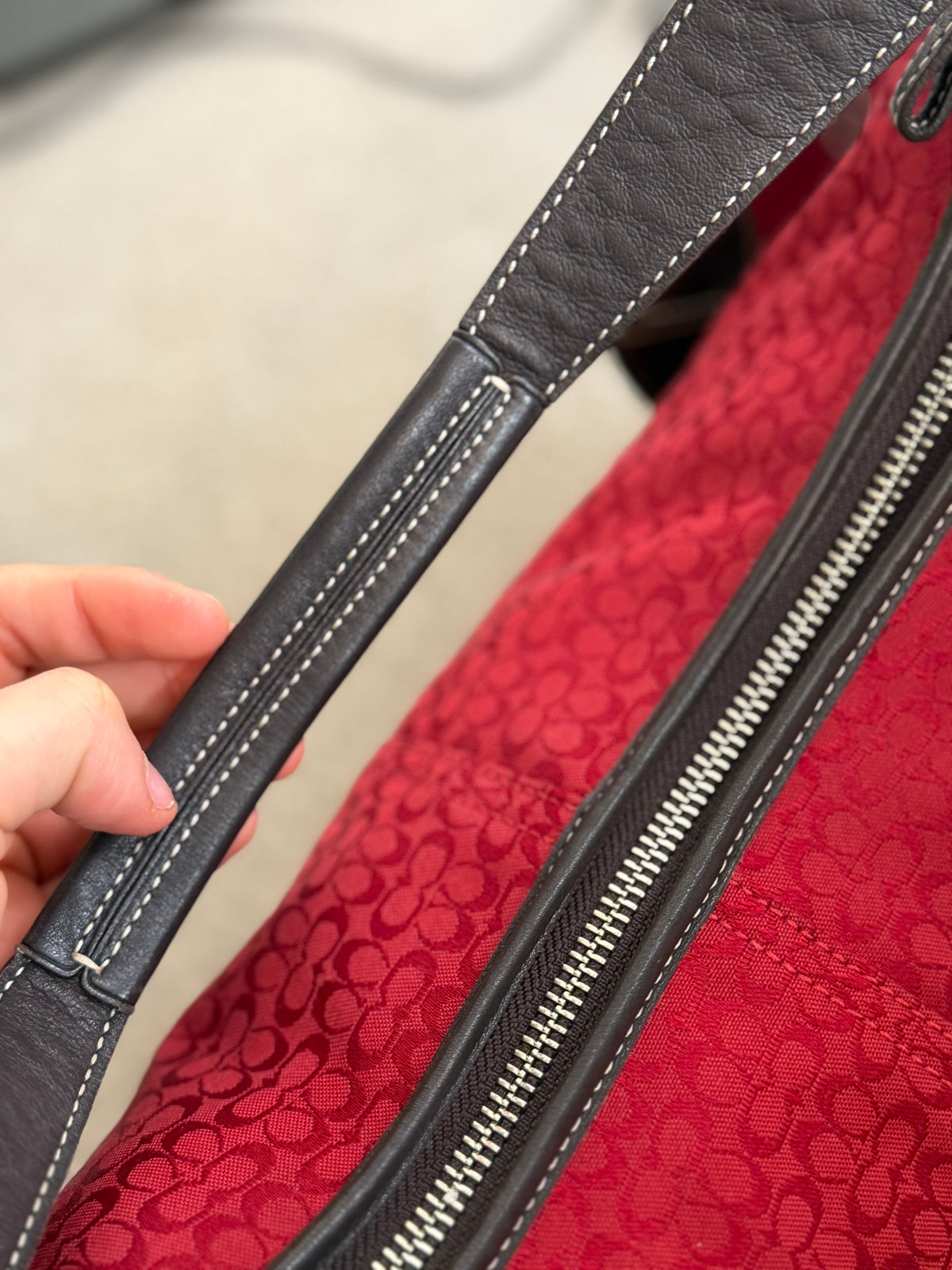 Coach 6385 Rare Hobo Red Signature Monogram Shoulder Bag with matching wristlet Brown Leather Trim