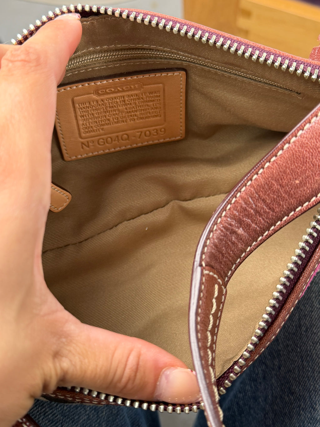 Coach 7039 Signature Brown Monogram Pink Suede Striped Detail Baguette Shoulder Bag