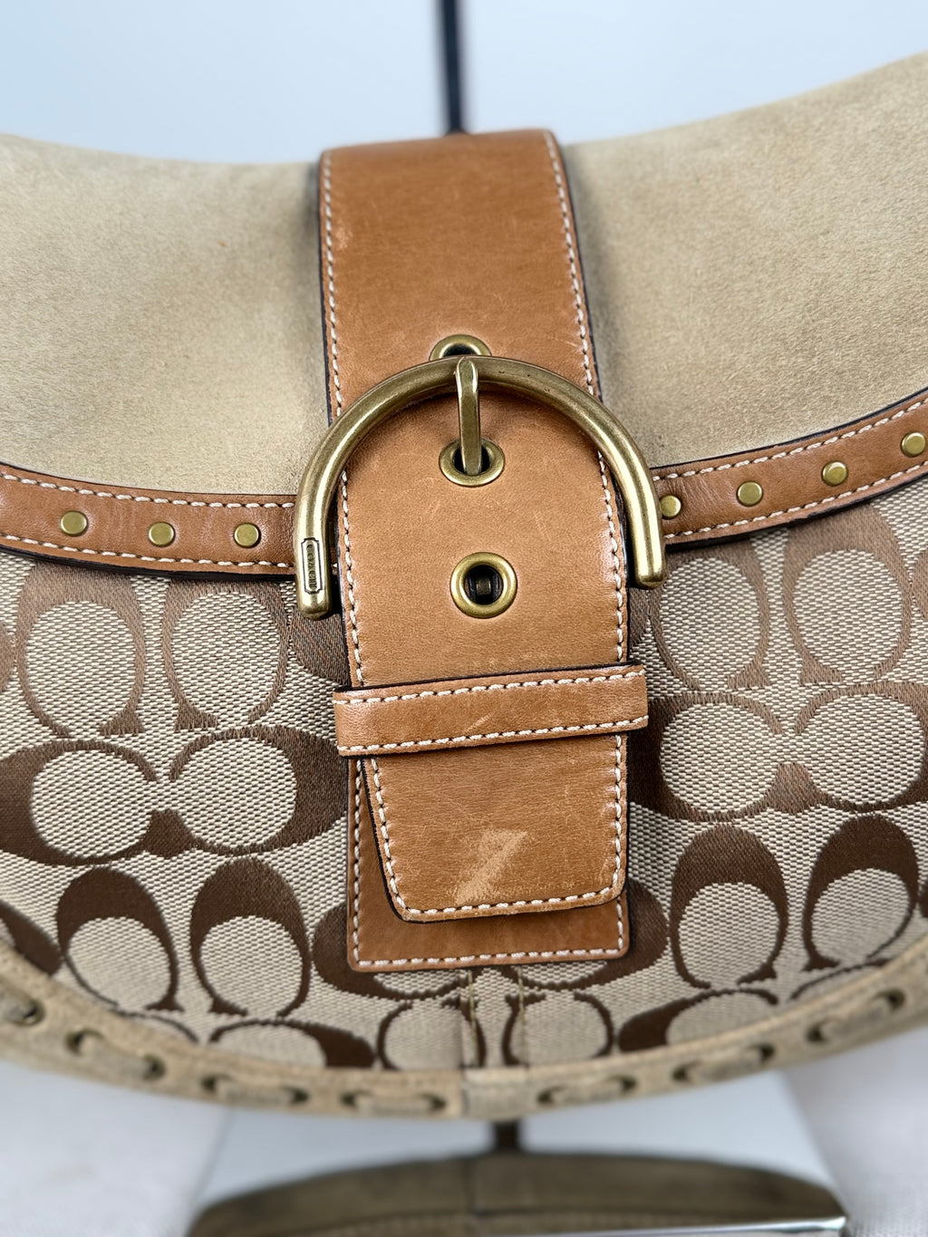 Coach 9373 Rare Soho Studded Hardware Signature Brown Monogram Shoulder Bag Suede Leather Trim