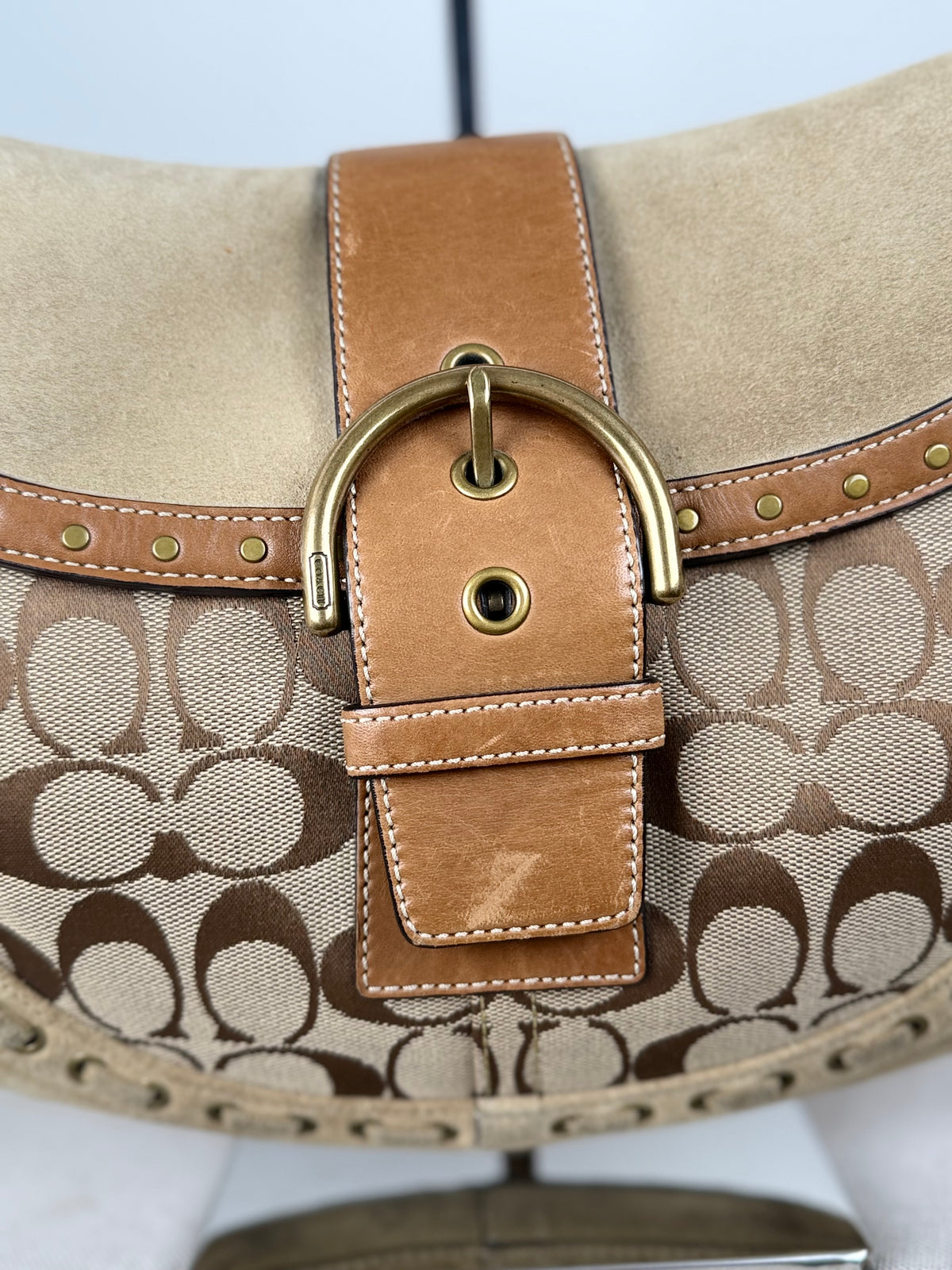 Coach 9373 Rare Soho Studded Hardware Signature Brown Monogram Shoulder Bag Suede Leather Trim