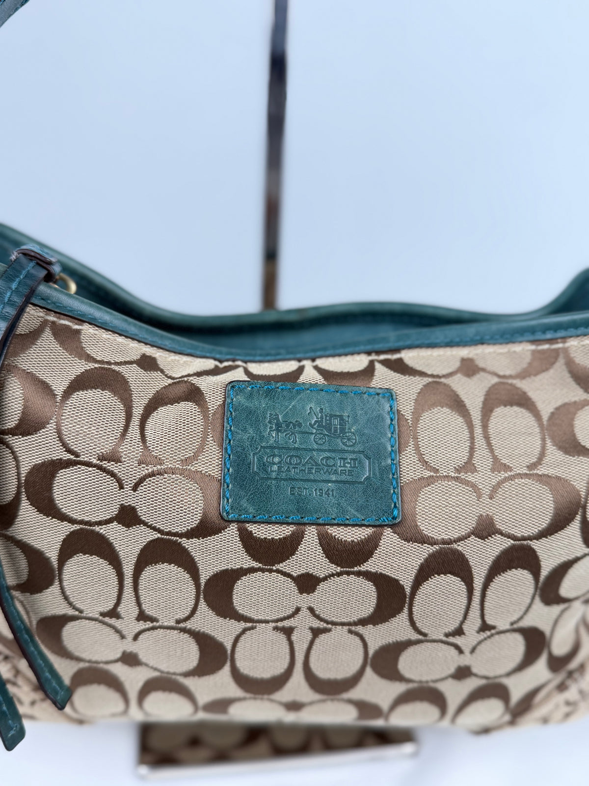 Coach 12594 Hobo Signature Brown Shoulder Bag Teal Leather Trim Convertible