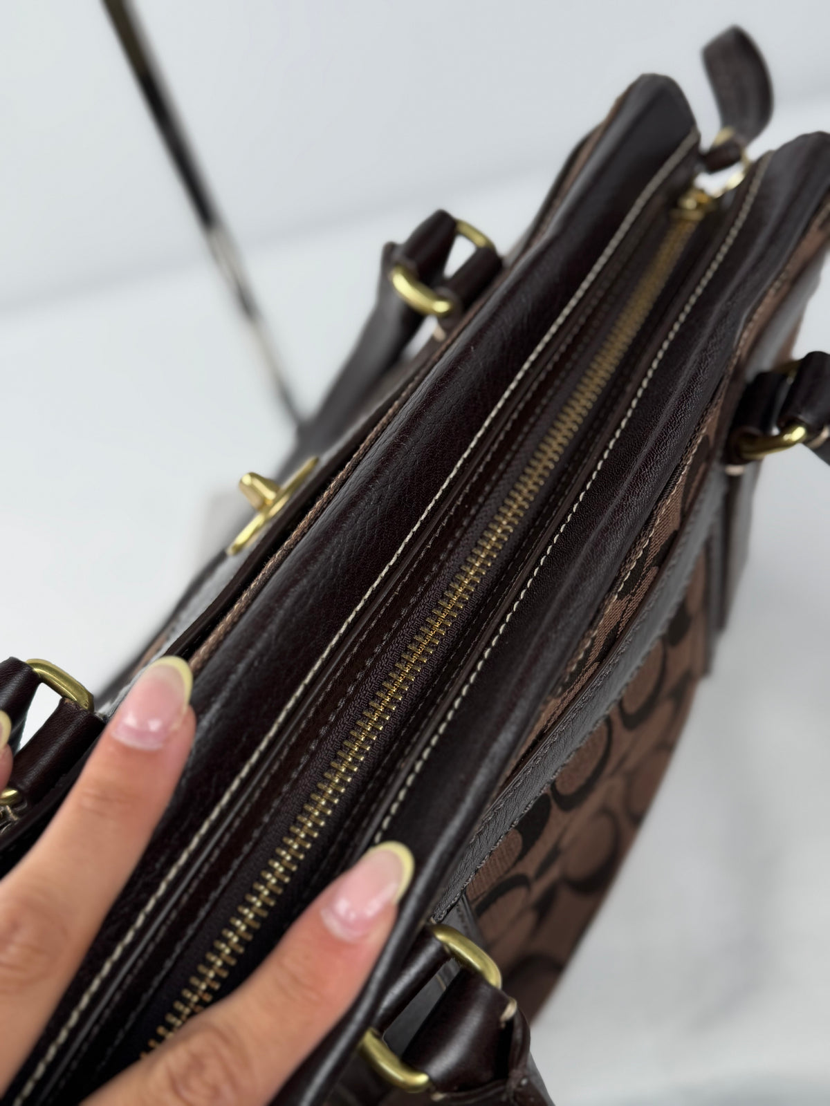 Coach 11062 Hampton Signature Chocolate Brown Monogram Shoulder Bag Leather Trim