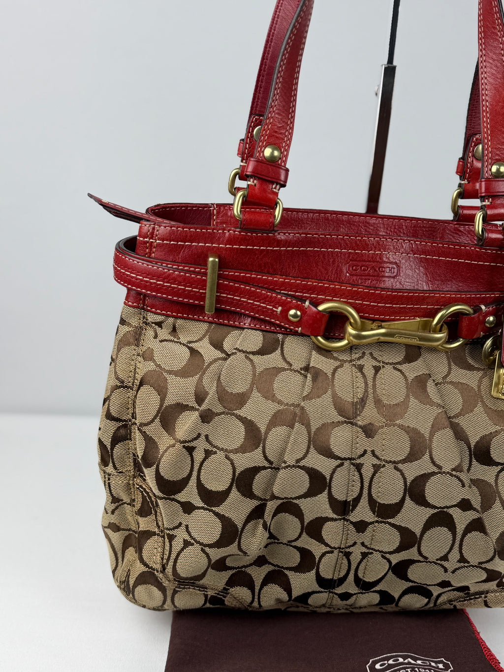 Coach 12467 Signature Brown Monogram Shoulder Bag Red Leather Trim