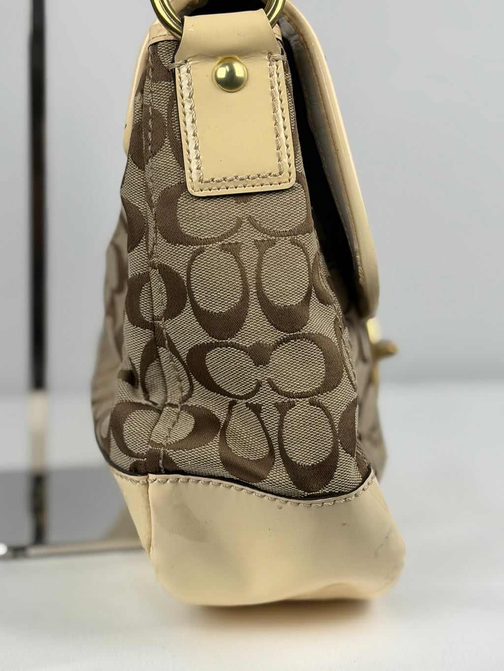 Coach F12857 Legacy Ali Signature Brown Monogram Shoulder Bag Cream Patent Leather Trim