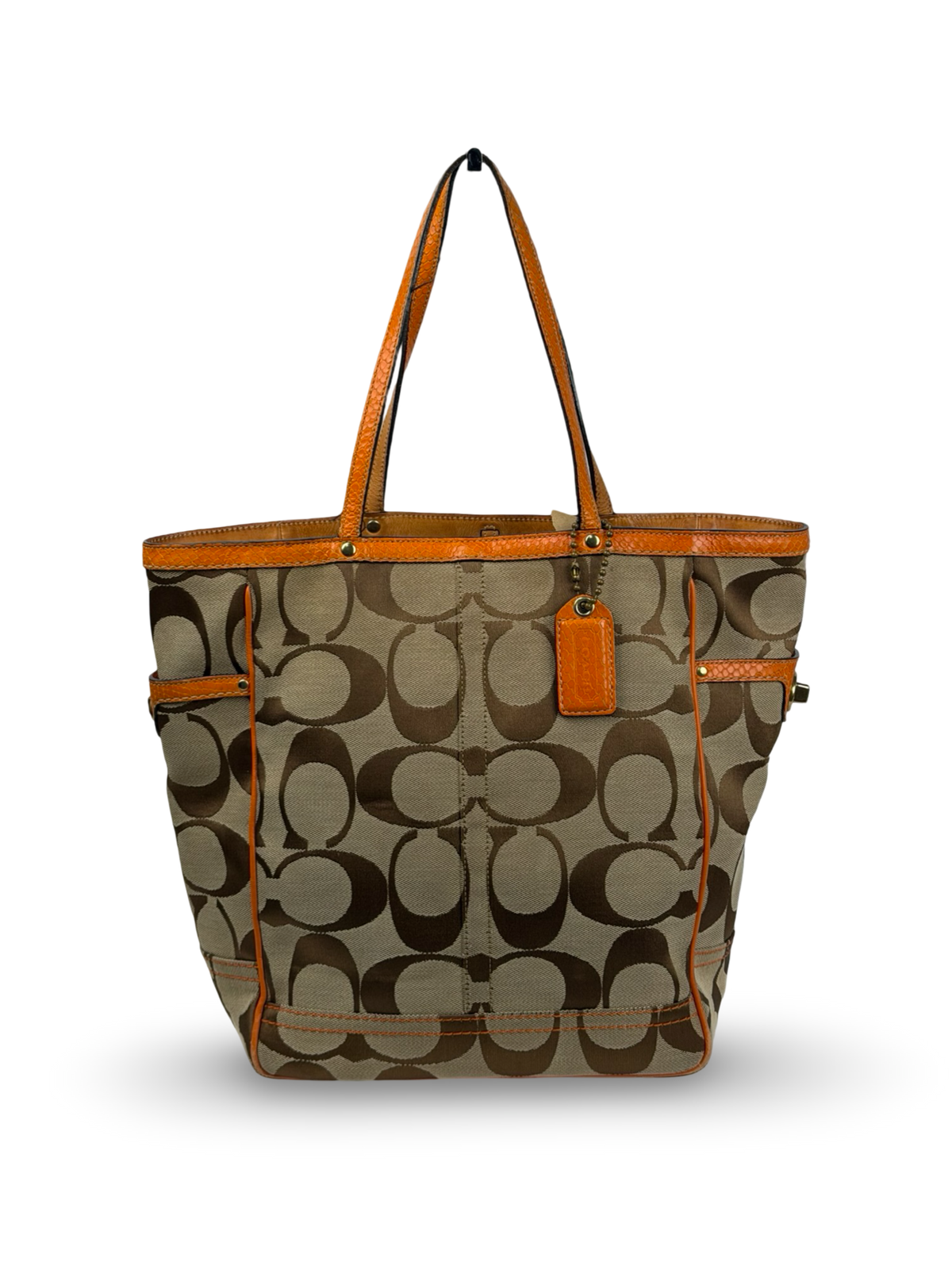 Coach 8626 Signature Brown Monogram Tote Shoulder Bag Orange Leather Trim