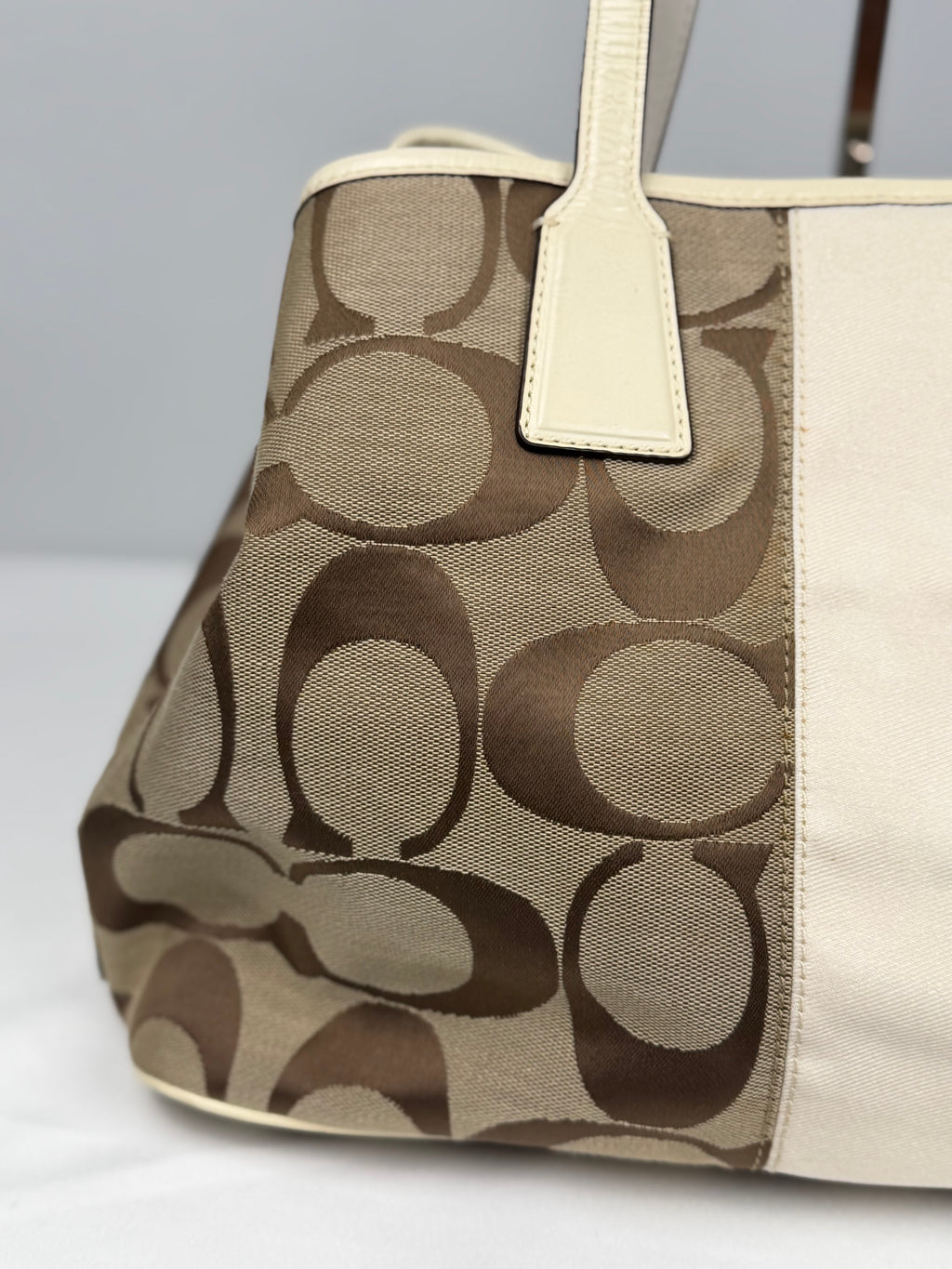 Coach F13533 Signature Brown Monogram Kisslock Shoulder Bag Cream Leather Trim