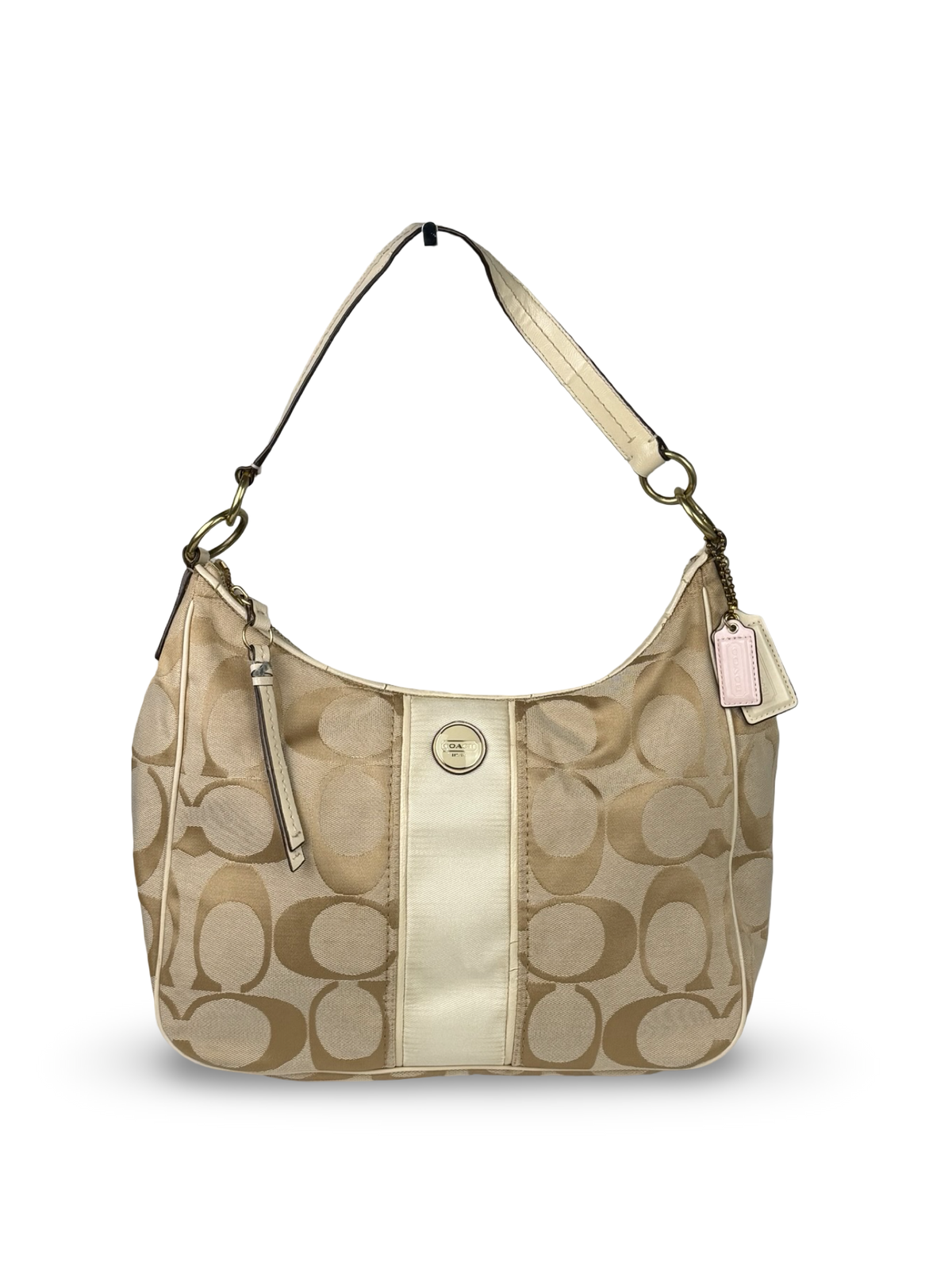 Coach F21873 Signature Beige Monogram Shoulder Bag Cream Leather Trim