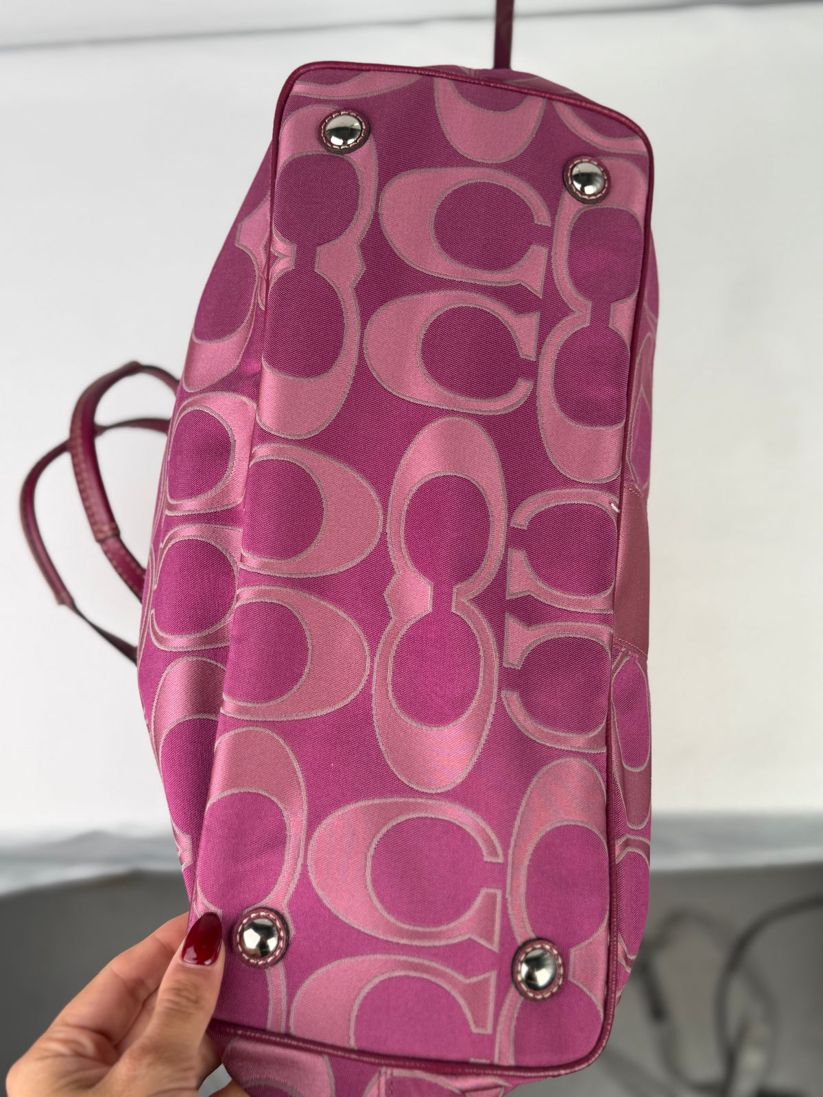 Coach F19460 Kisslock Signature Pink Monogram Shoulder Bag Leather Trim