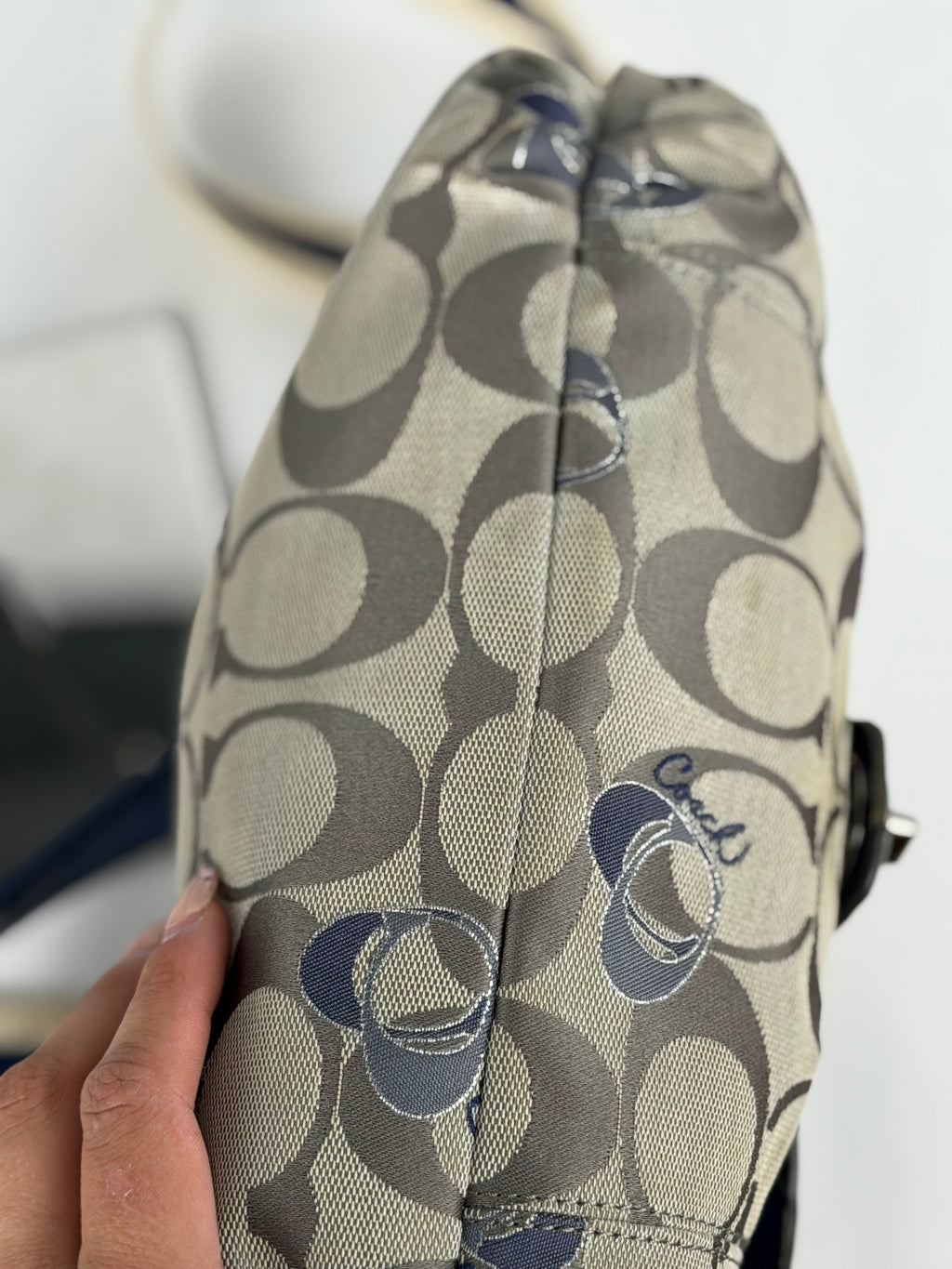 Coach F18756 Poppy Beige Monogram Blue Leather Trim Shoulder Bag