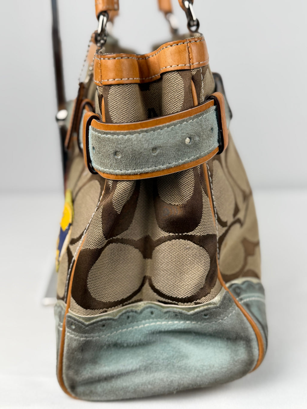 Coach 1490 Rare Limited Edition Hampton Clip Tropical Fish Signature Brown Monogram Shoulder Bag Suede Leather Trim