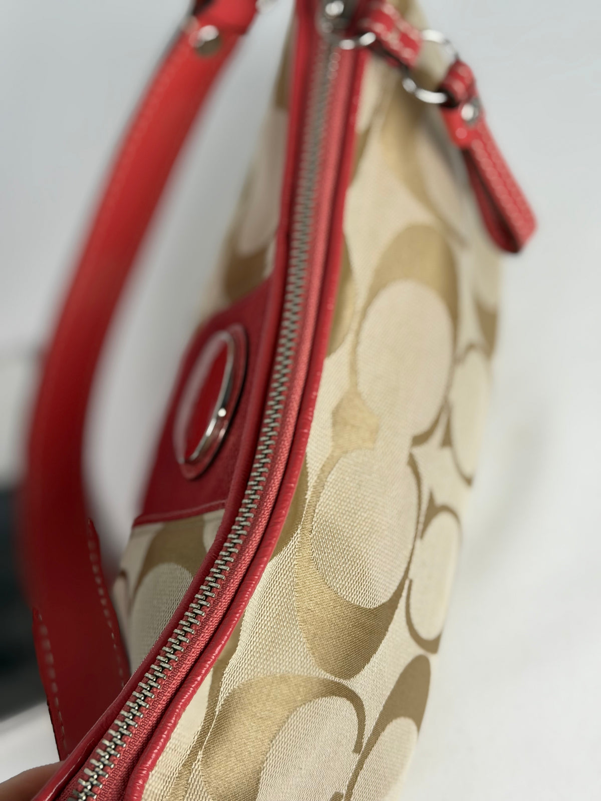Coach F15111 Signature Beige Monogram Shoulder Bag Red Leather Trim
