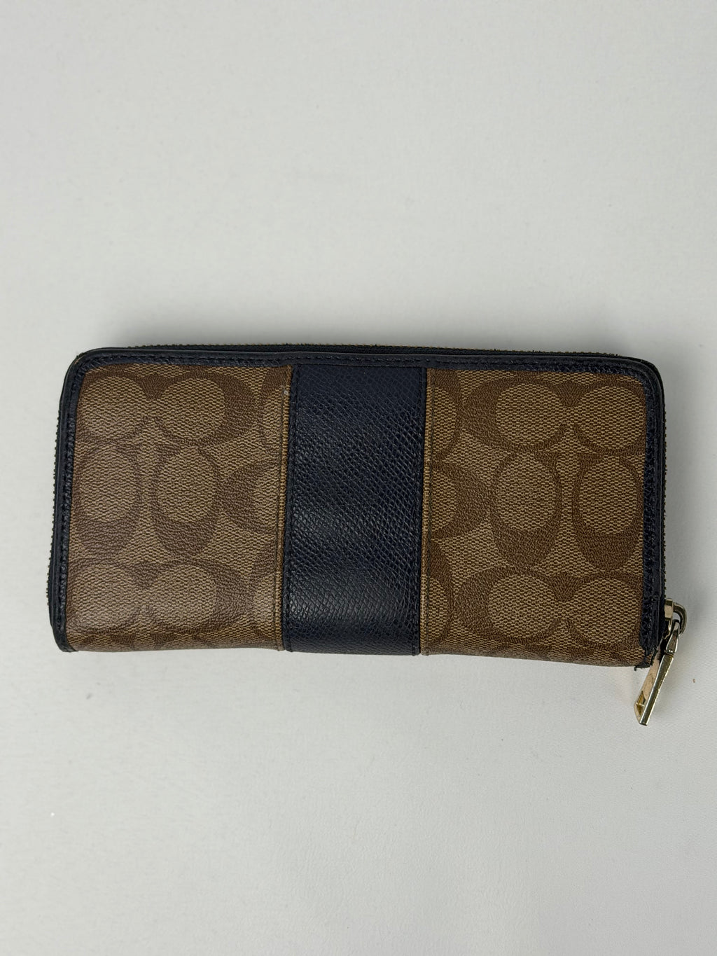 Coach F52589 Signature Brown Monogram Navy Trim Purse