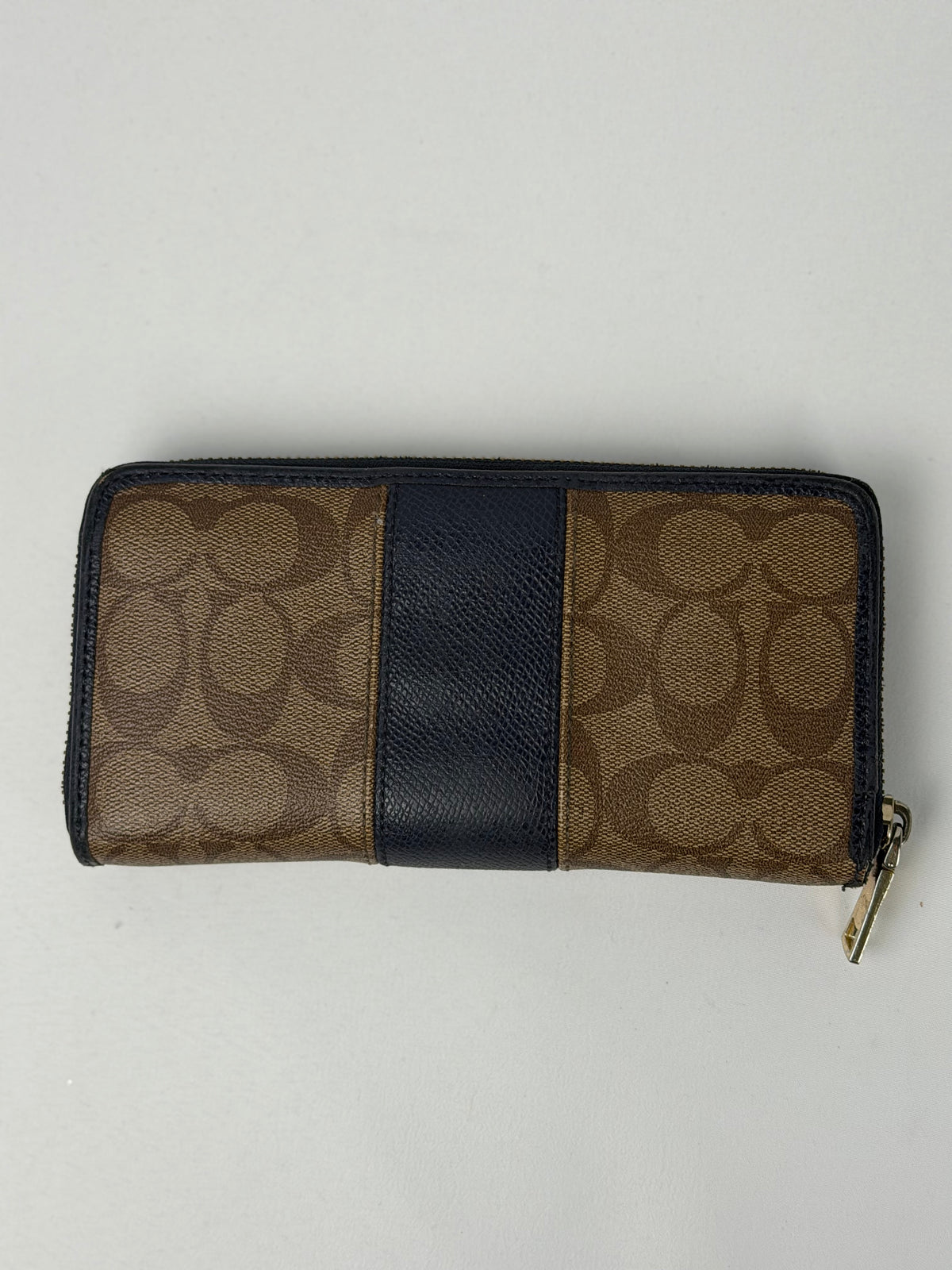 Coach F52589 Signature Brown Monogram Navy Trim Purse