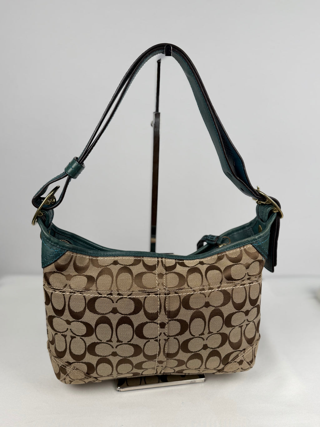 Coach 12594 Hobo Signature Brown Shoulder Bag Teal Leather Trim Convertible