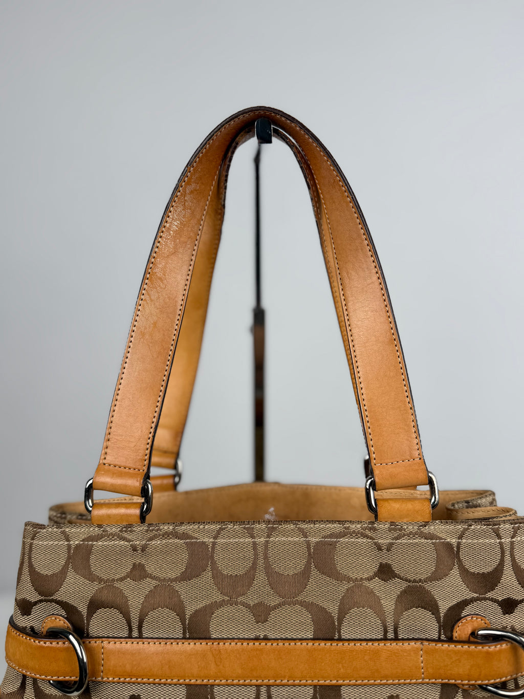 Coach 6352 Signature Brown Monogram Shoulder Bag Tan Leather Trim