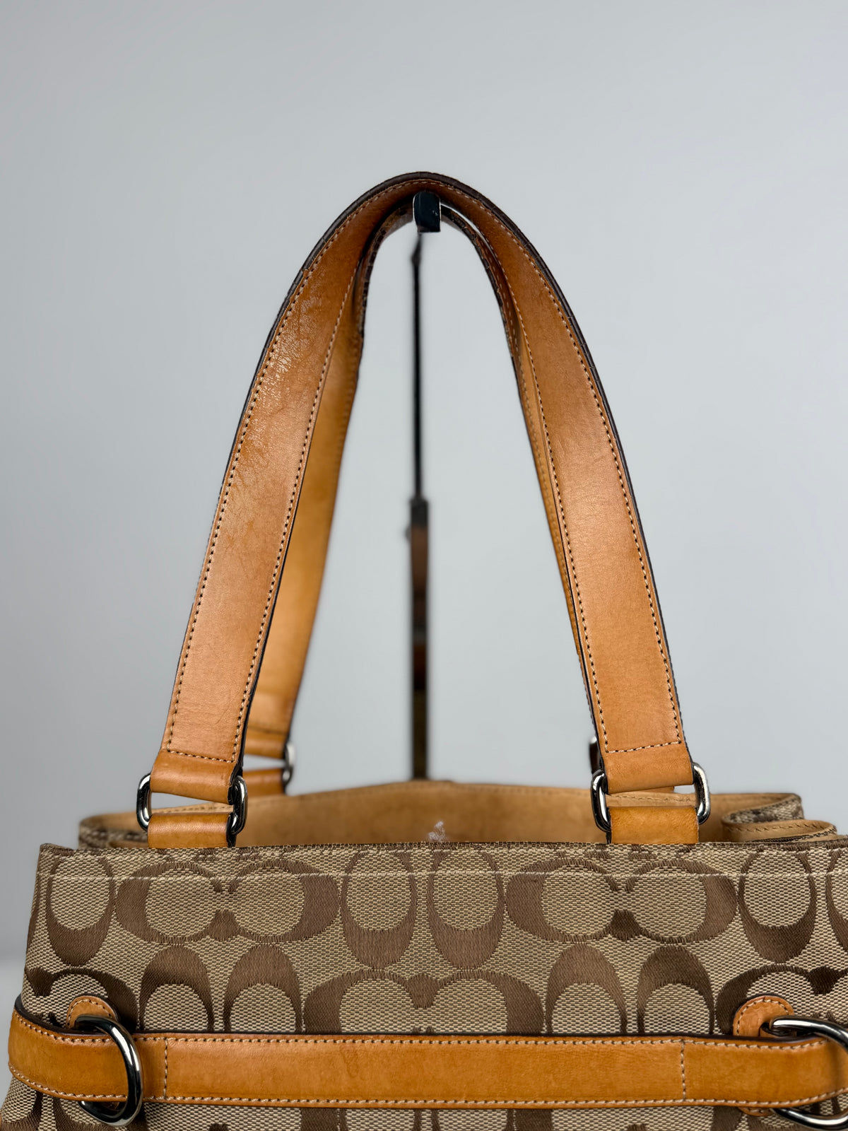 Coach 6352 Signature Brown Monogram Shoulder Bag Tan Leather Trim
