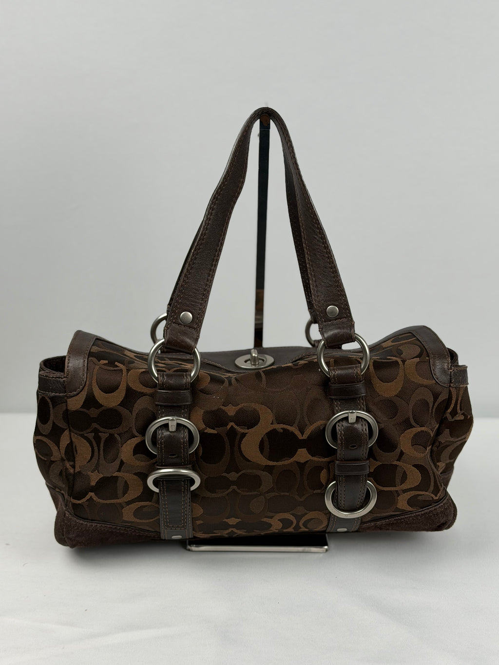Coach 10145 Chelsea Turnlock Brown Op Art Shoulder Bag Suede Leather Trim
