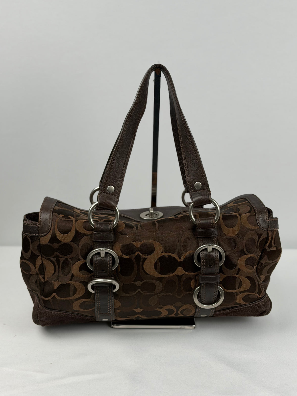 Coach 10145 Chelsea Turnlock Brown Op Art Shoulder Bag Suede Leather Trim