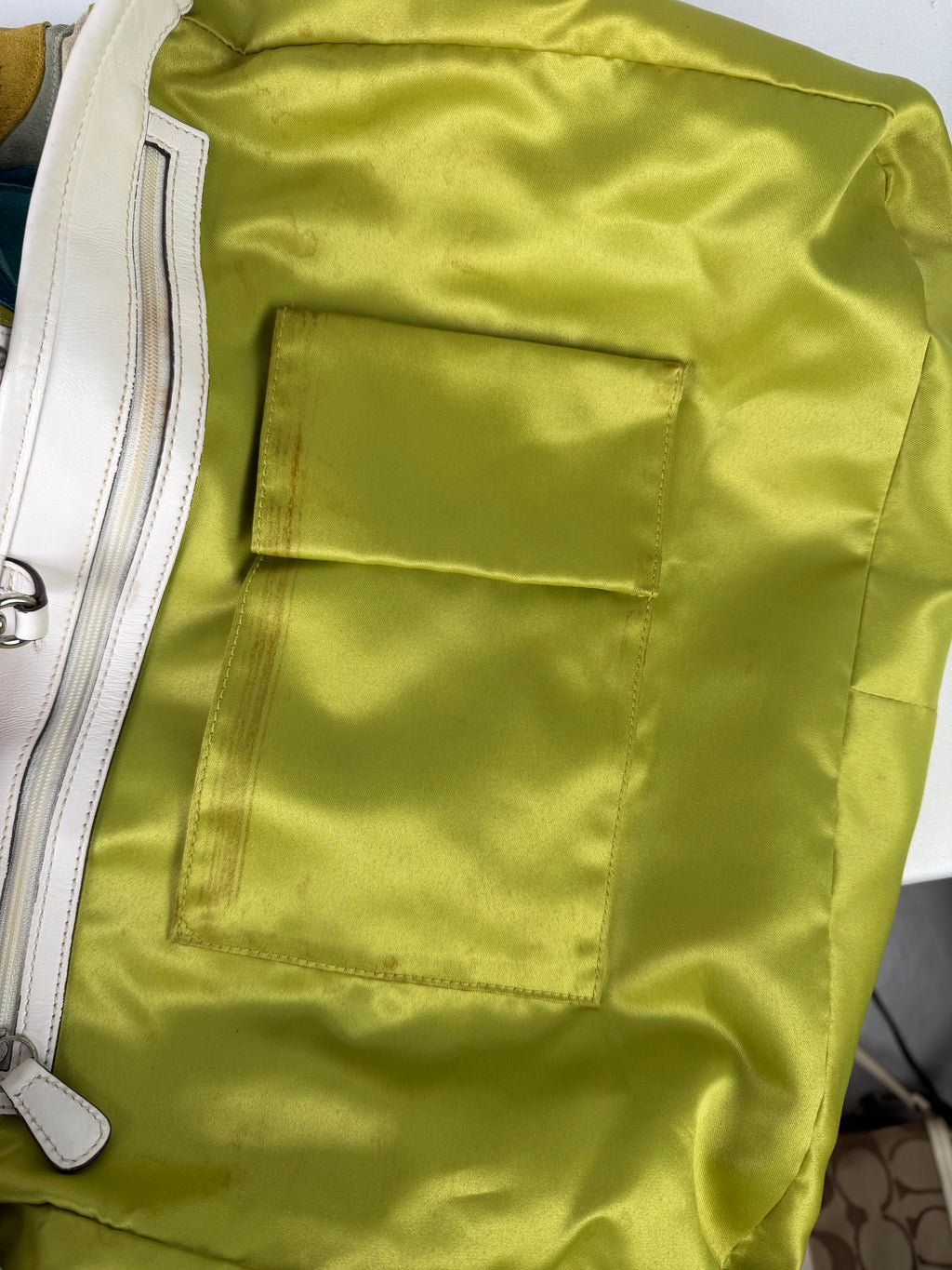 Coach 3682 Rare Yellow/Green/Blue Suede Patchwork Shoulder Bag White Leather Trim