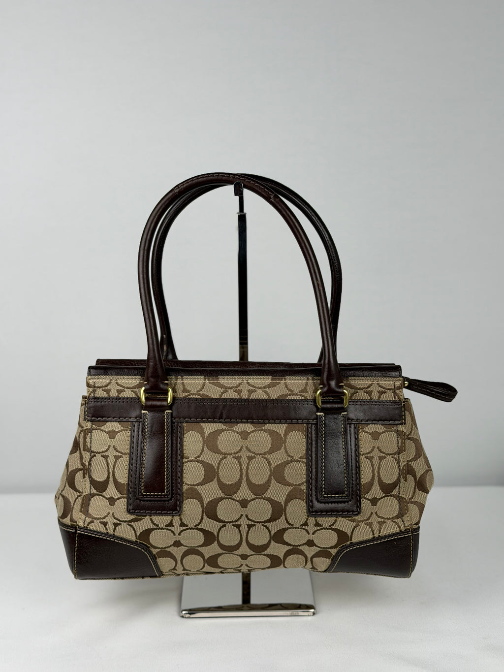 Coach 11062 Hampton Turnlock Signature Brown Monogram Shoulder Bag Leather Trim