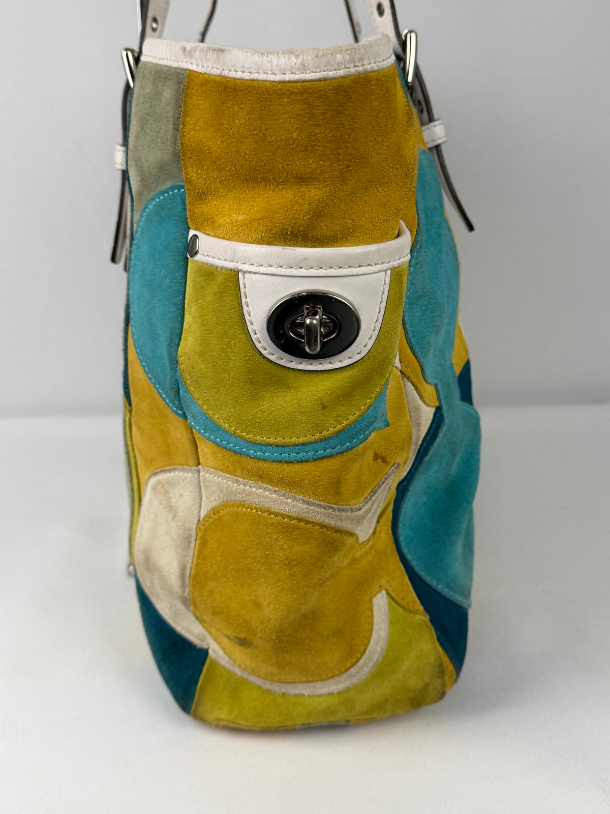 Coach 3682 Rare Yellow/Green/Blue Suede Patchwork Shoulder Bag White Leather Trim