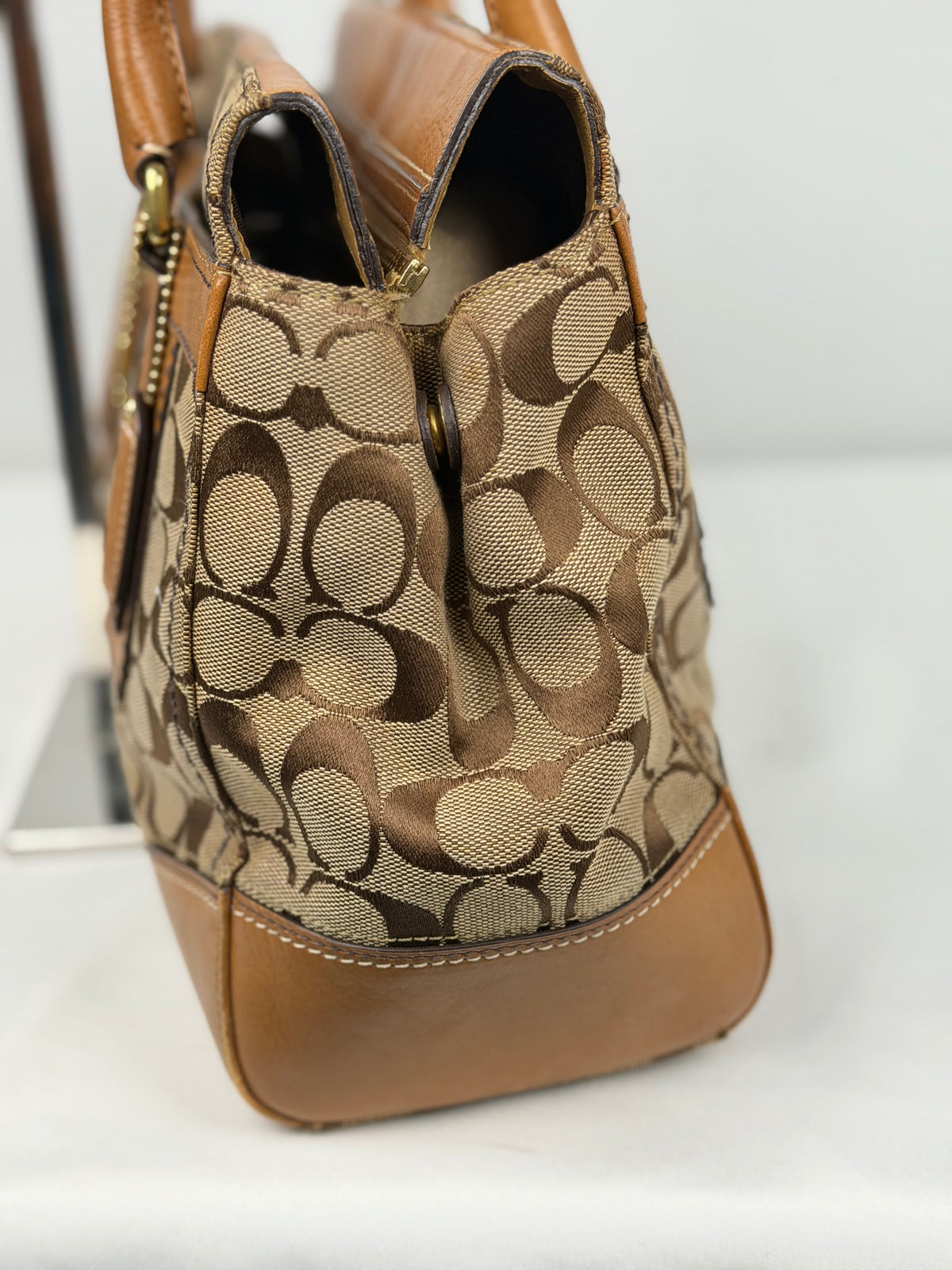 Coach 11063 Hampton Turnlock Signature Brown Monogram Shoulder Bag