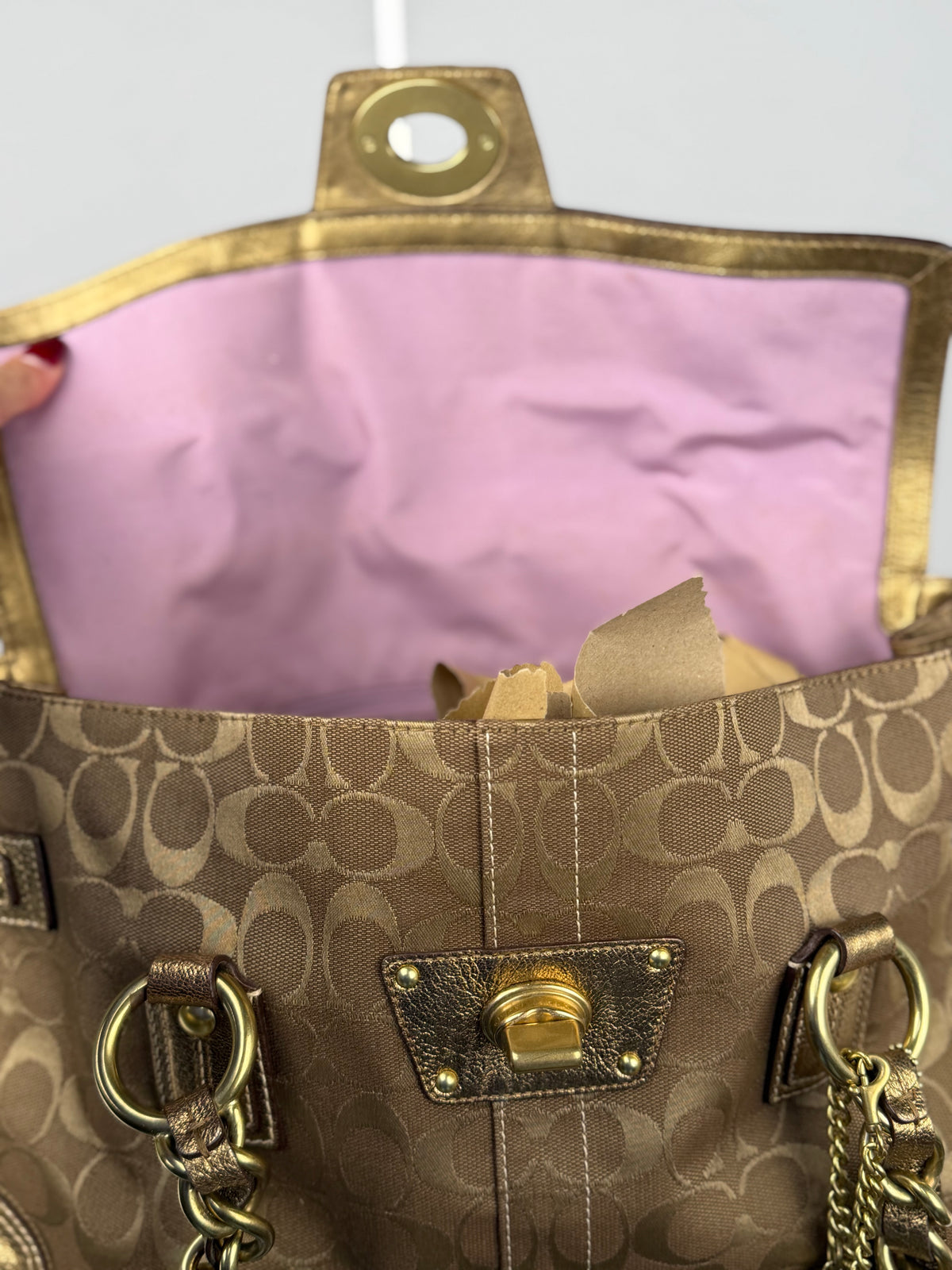 RARE Coach 12515 Turnlock Brown/Gold Shoulder Bag Leather Trim