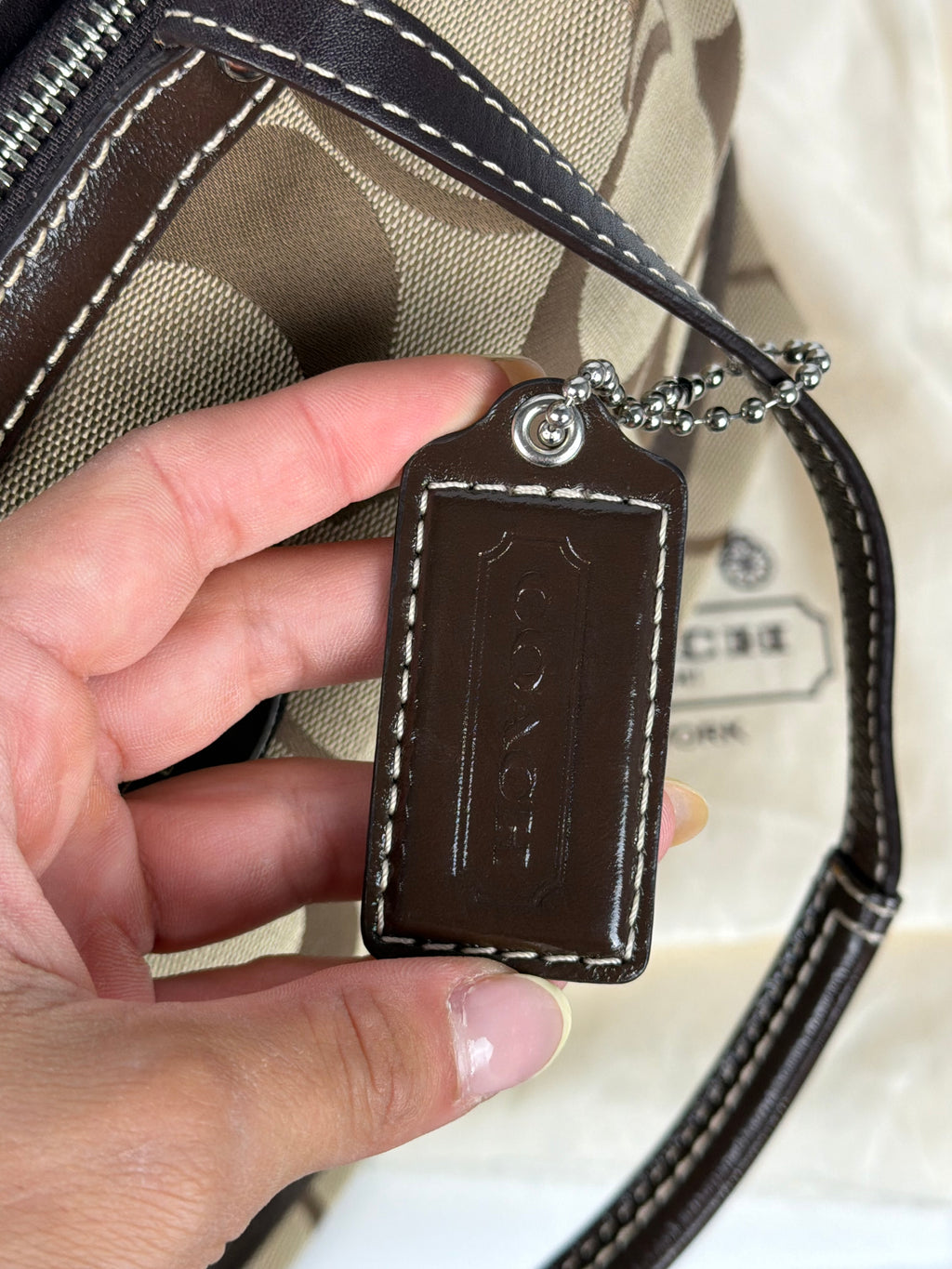 Coach F15112 Signature Brown Monogram Tote Shoulder Bag Leather Trim