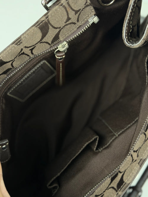 Coach 10246 Hampton Clip Signature Brown Shoulder Bag Leather Trim