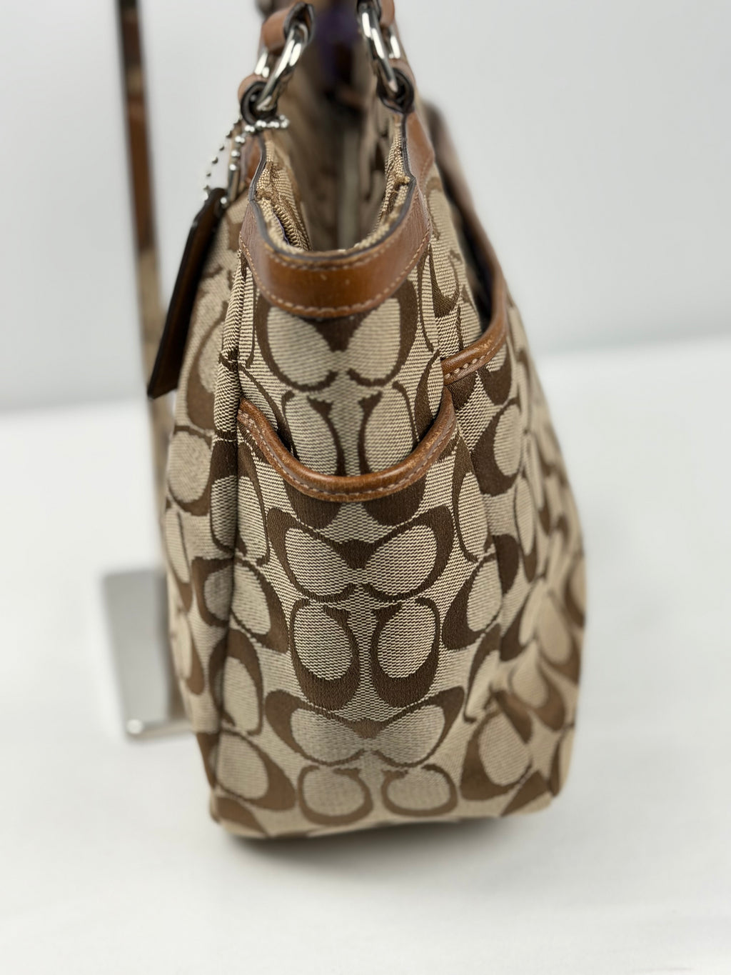 Coach F17726 Signature Brown Monogram Shoulder Bag Leather Trim
