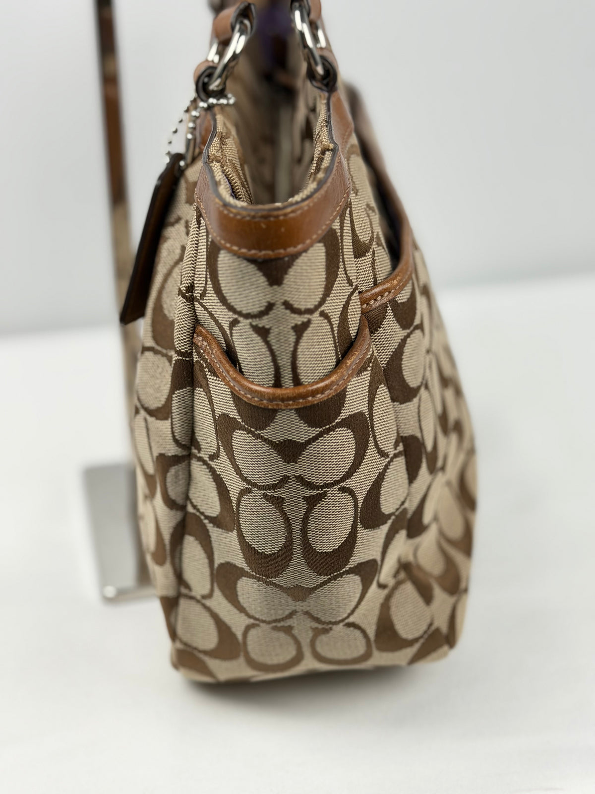 Coach F17726 Signature Brown Monogram Shoulder Bag Leather Trim