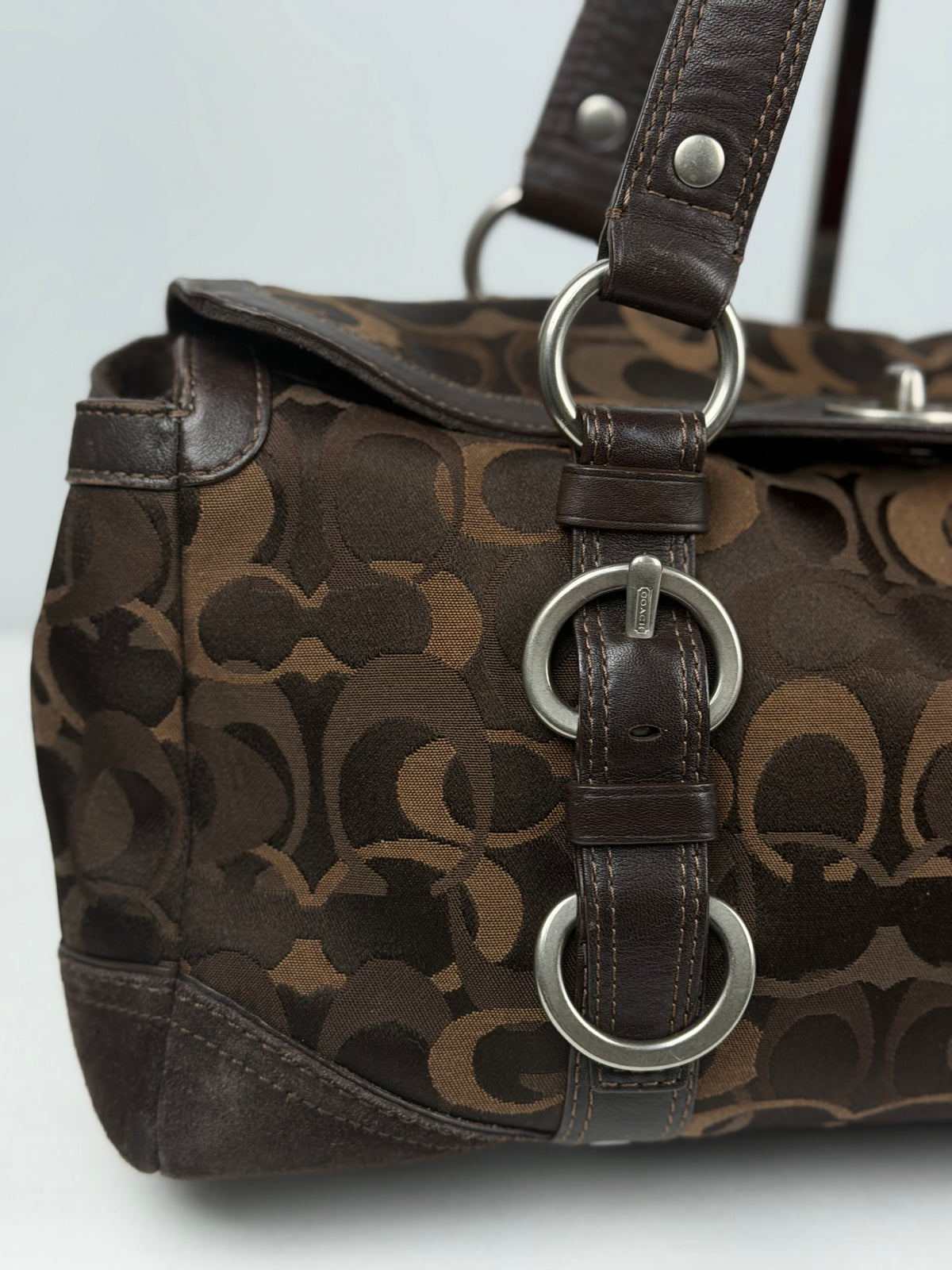 Coach 10145 Chelsea Turnlock Brown Op Art Shoulder Bag Suede Leather Trim