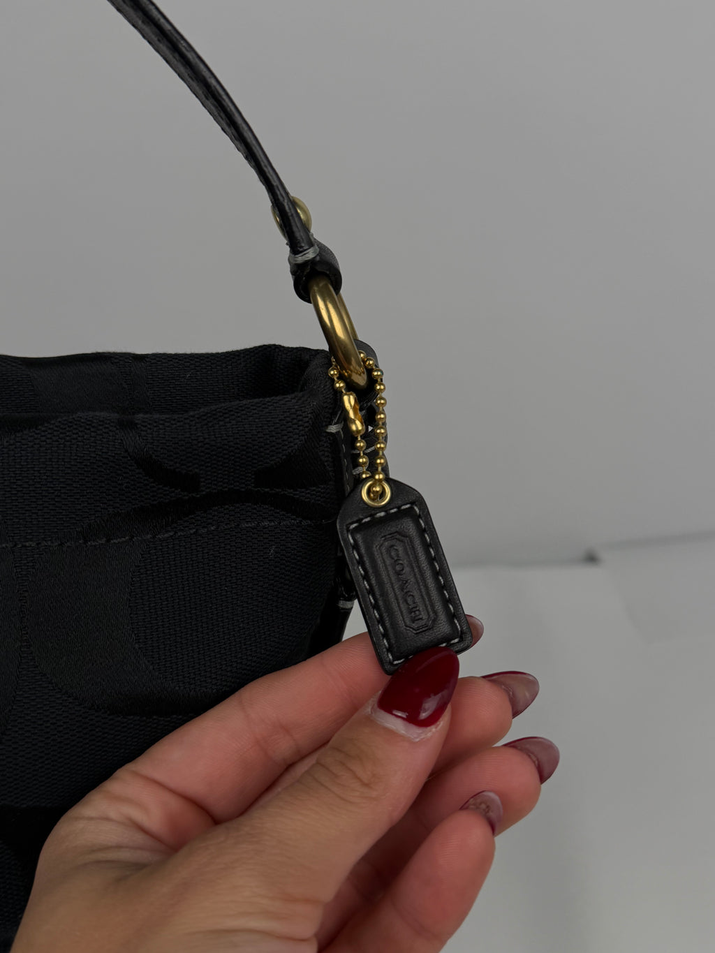 Coach 40347 Carly Mini Signature Black Shoulder Bag Leather Trim
