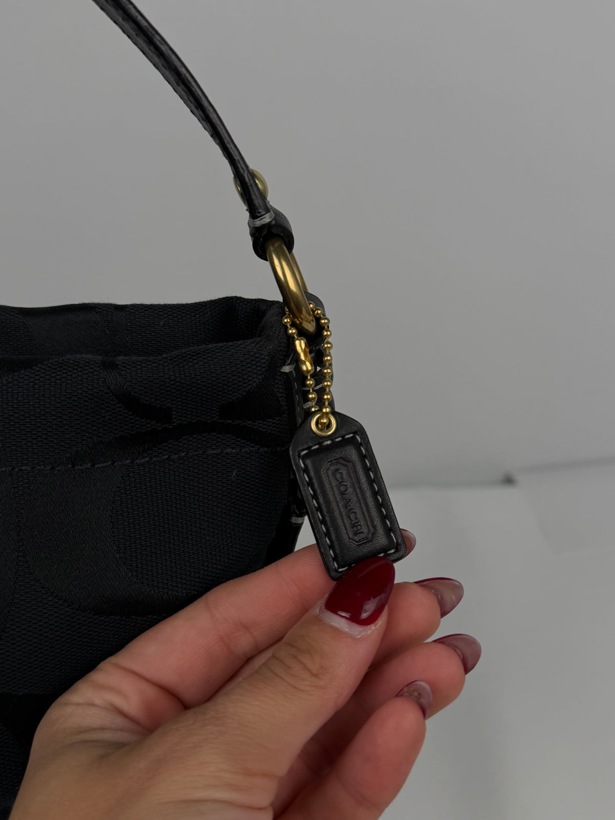 Coach 40347 Carly Mini Signature Black Shoulder Bag Leather Trim