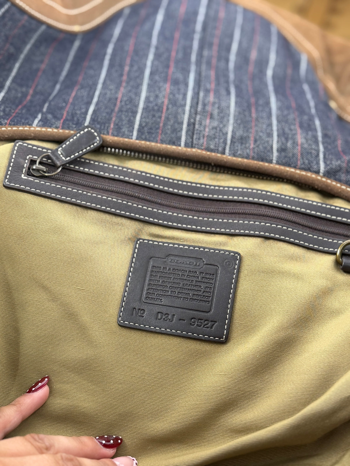 Coach 9527 Hobo Denim Pinistripe Shoulder Bag Brown Suede Leather Trim