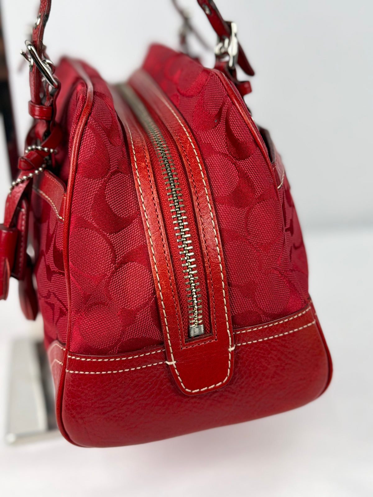 Coach 8K05 Mini Boston Signature Red Shoulder Bag Leather Trim