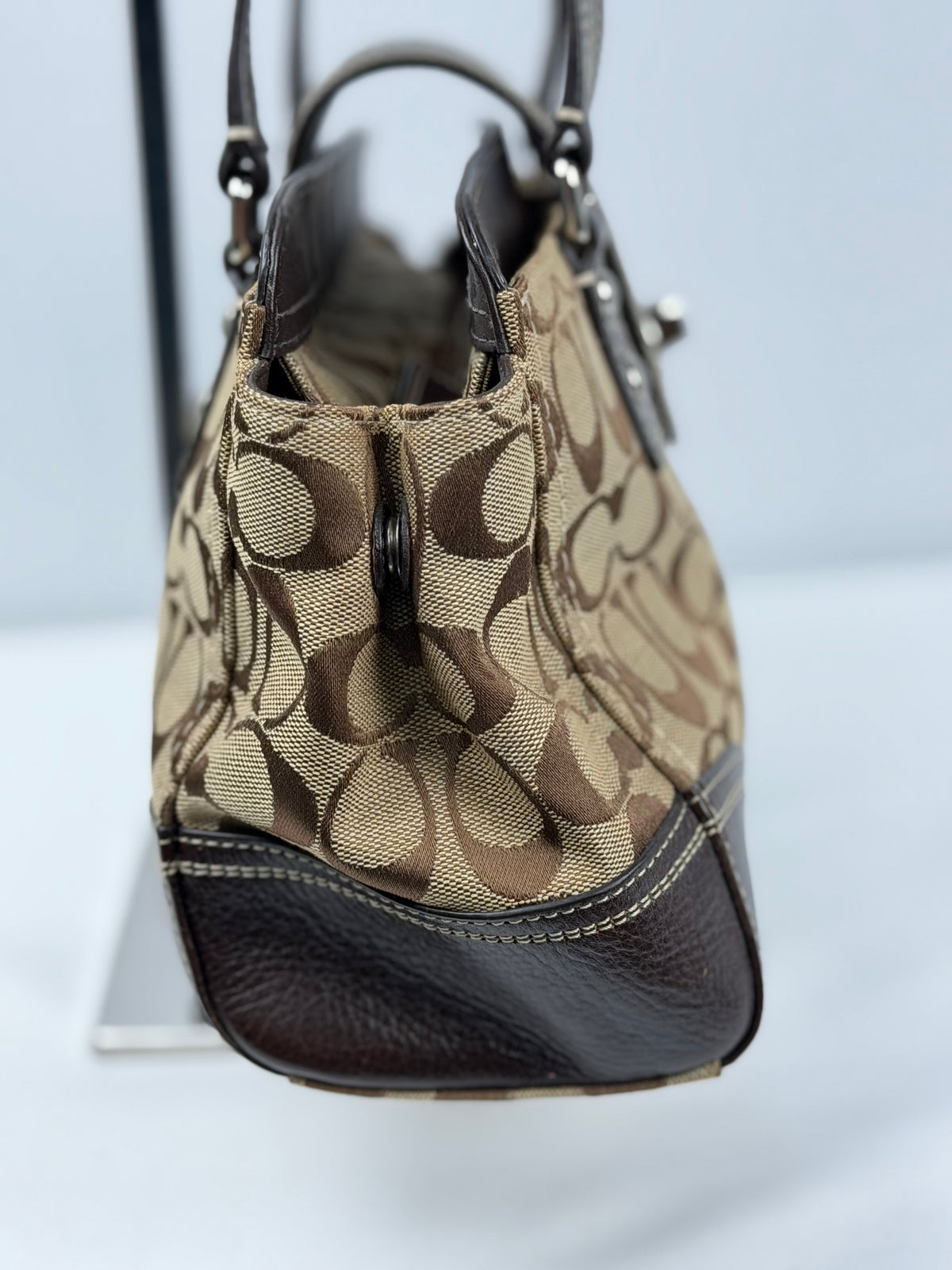 Coach F13975 Hampton Turnlock Flap Signature Brown Monogram Shoulder Bag Leather Trim