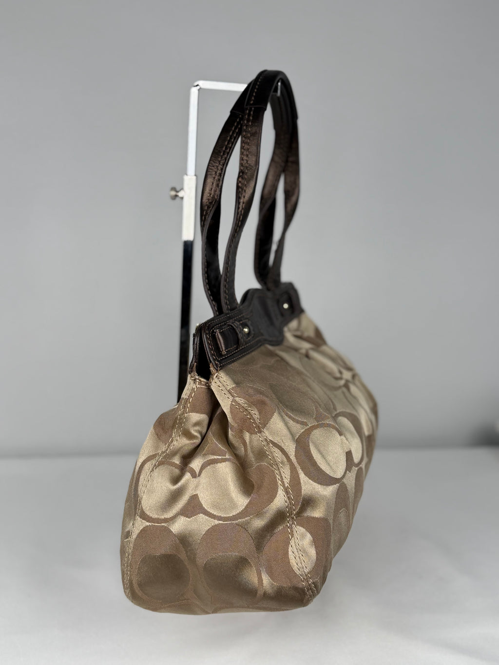 Coach F13906 Rare Turnlock Signature Beige Monogram Shoulder Bag Brown Leather Trim