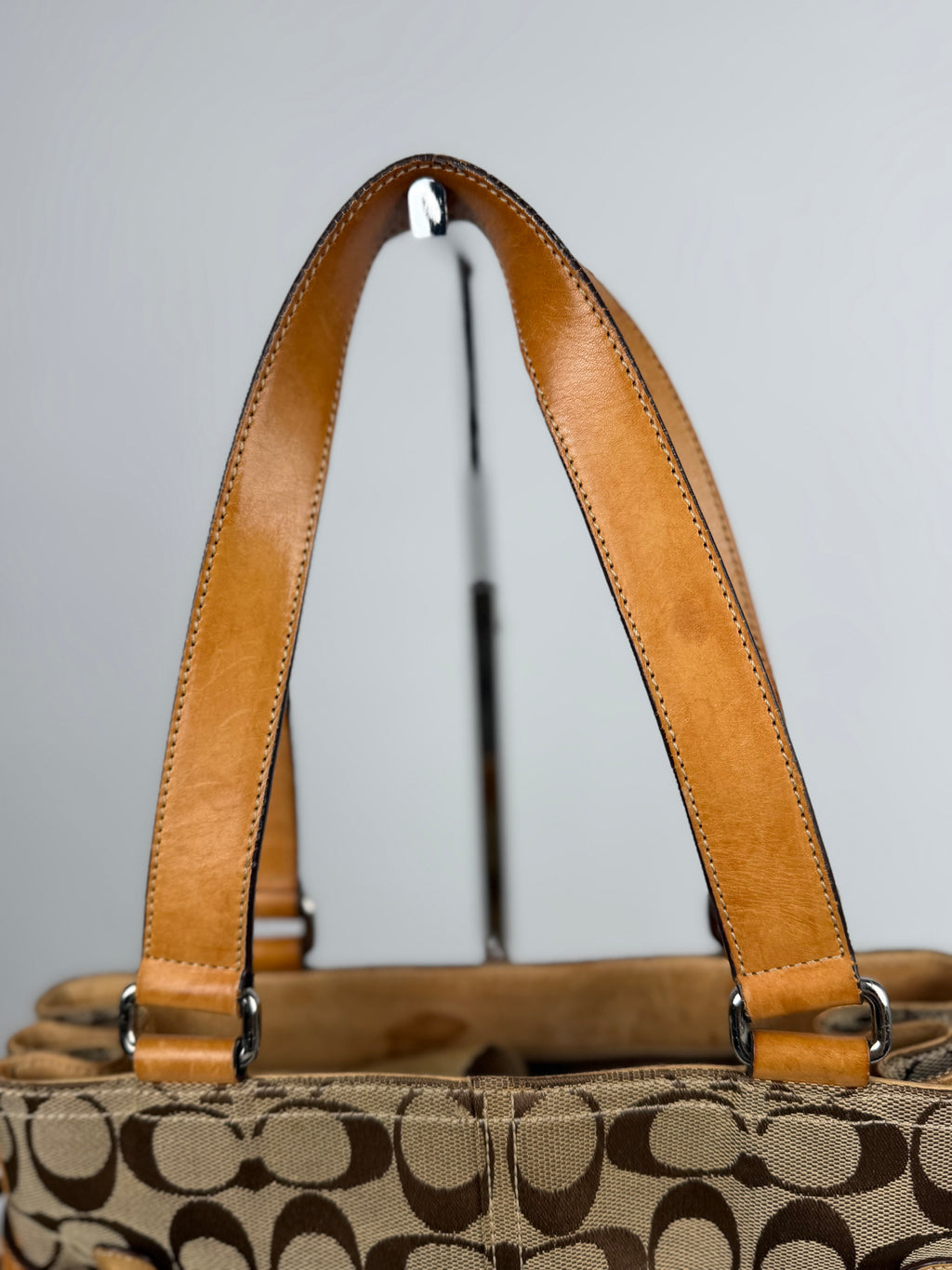 Coach 6352 Signature Brown Monogram Shoulder Bag Tan Leather Trim