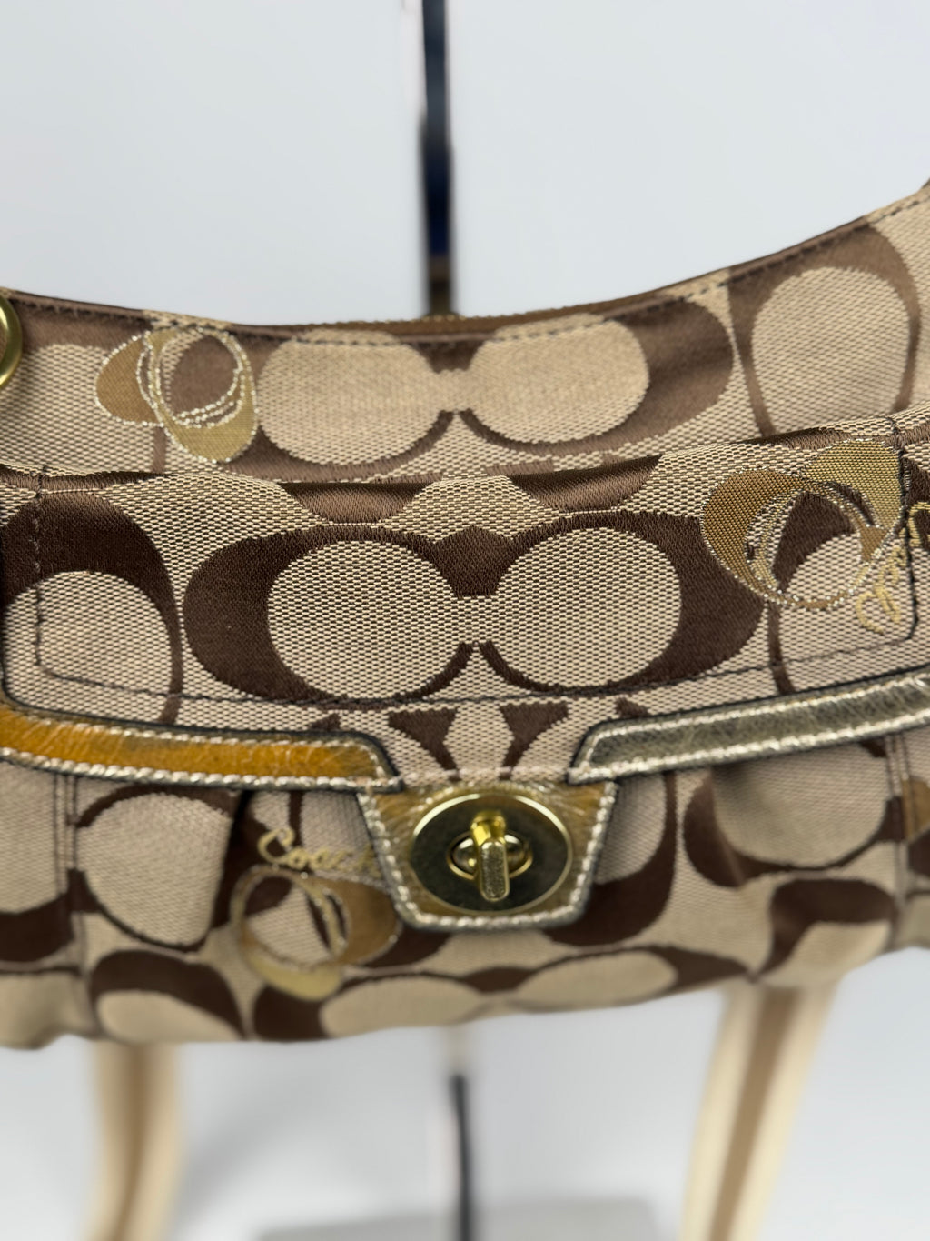 Coach F18756 Signature Brown Turnlock Shoulder Bag Leather Trim
