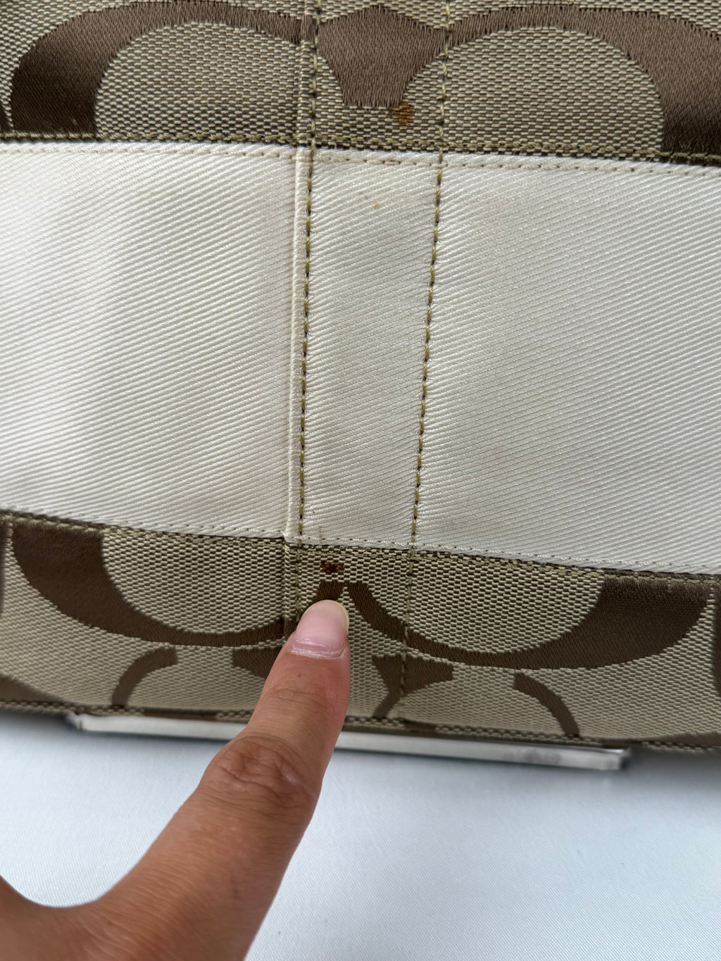 Coach F13548 Signature Brown/White Tote Shoulder Bag Leather Trim