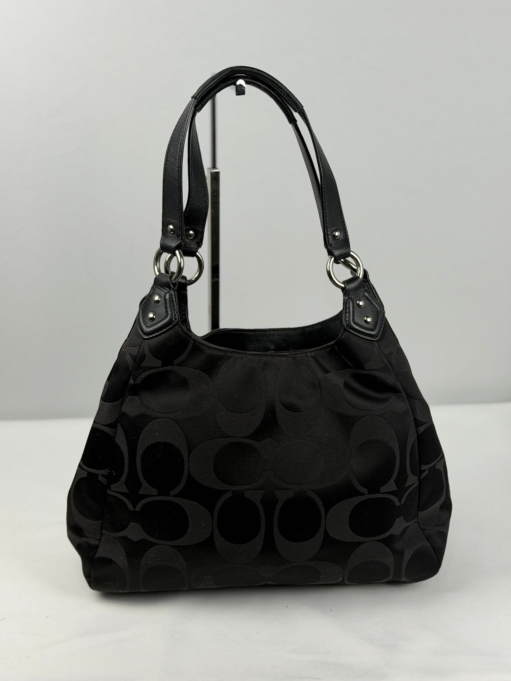 Coach F24742 Soho Black Moogram Shoulder Bag Black Leather Trim