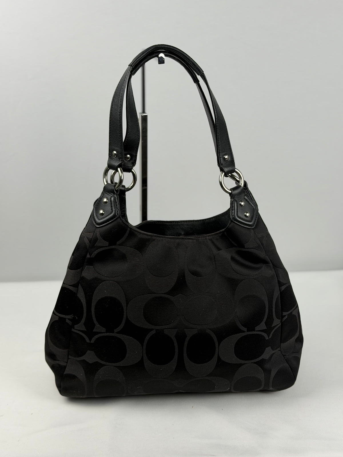 Coach F24742 Soho Black Moogram Shoulder Bag Black Leather Trim