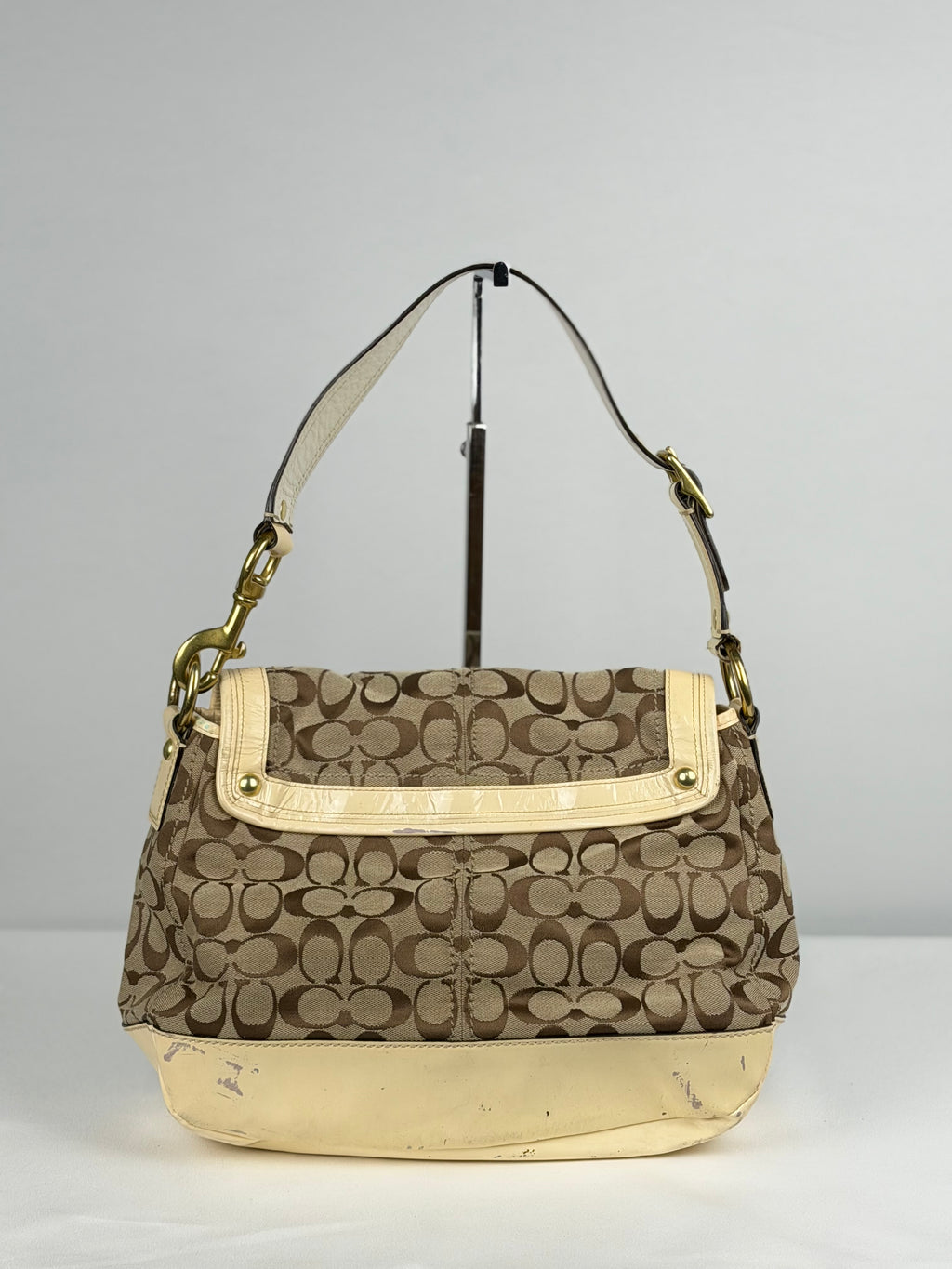 Coach F12857 Legacy Ali Signature Brown Monogram Shoulder Bag Cream Patent Leather Trim