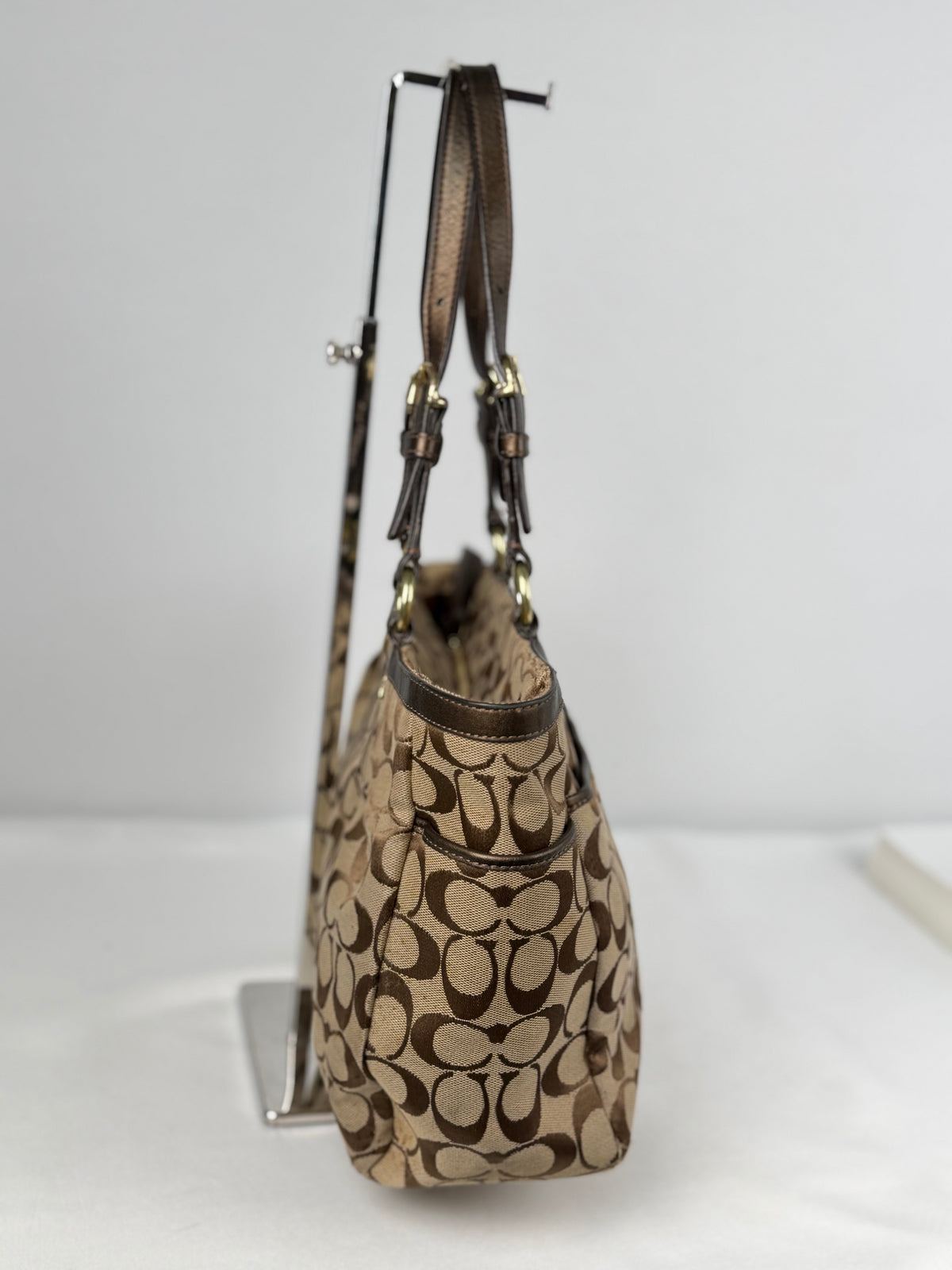 Coach F17726 Signature Brown Shoulder Tote Bag Leather Trim
