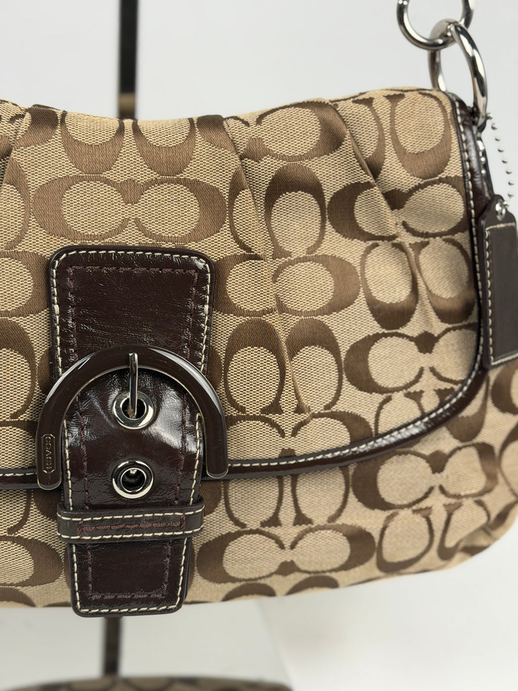 Coach F17093 Soho Signaure Brown Monogram Shoulder Bag Leather Trim