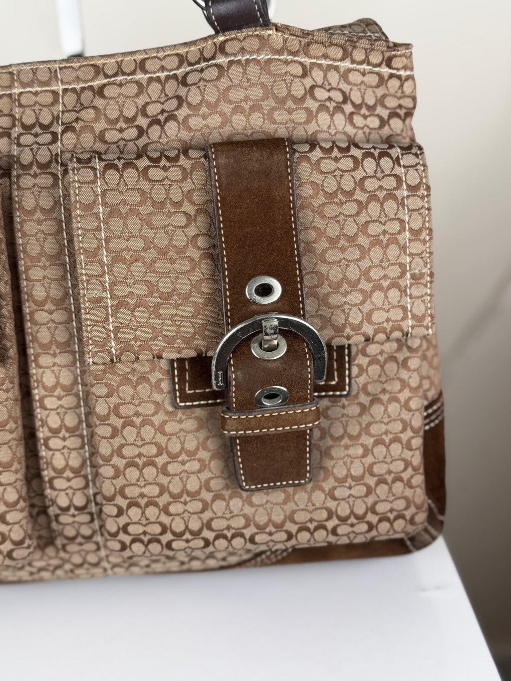 Coach 6427 Signature Brown Monogram Soho Shoulder Bag Suede Leather Trim