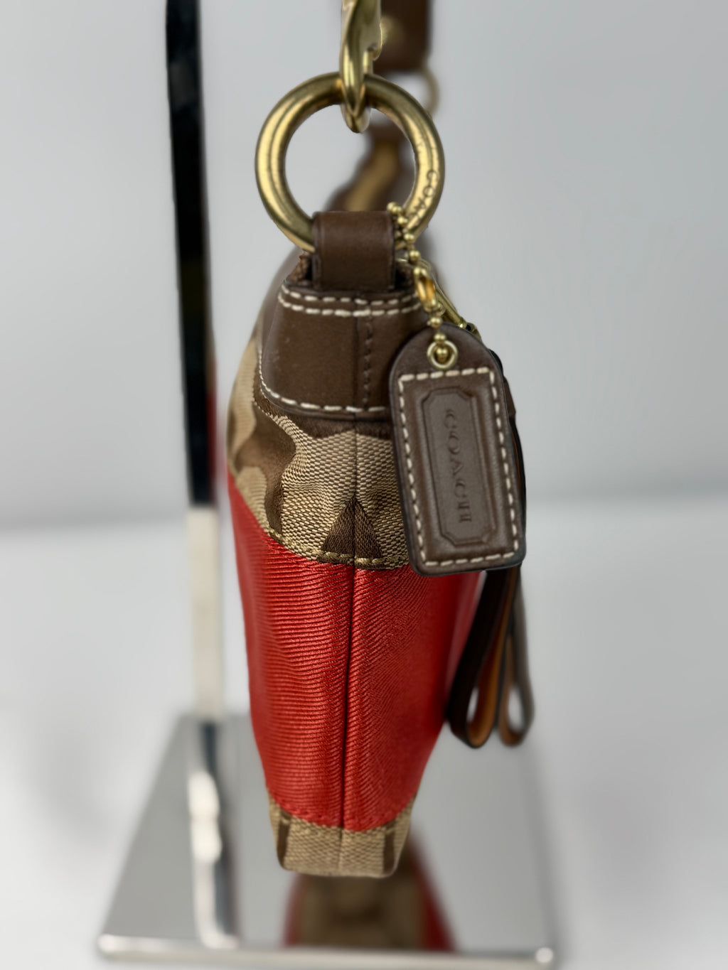 Coach 10120 Signature Brown/Red Monogram Shoulder Bag Leather Trim