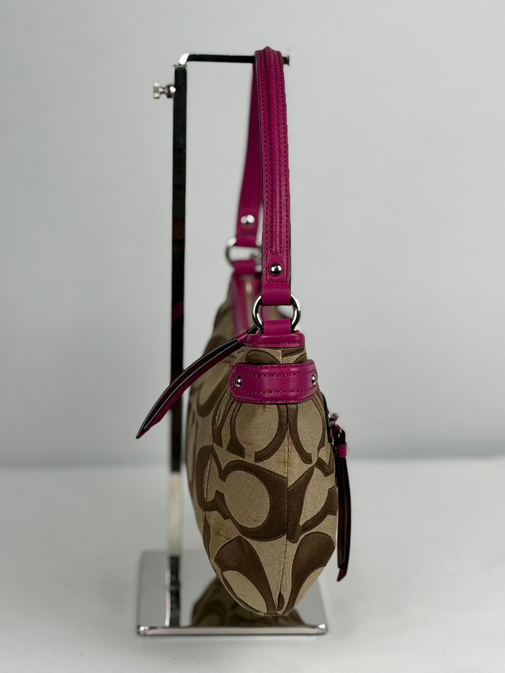 Coach F24063 Signature Brown Monogram Shoulder Bag Pink Leather Trim