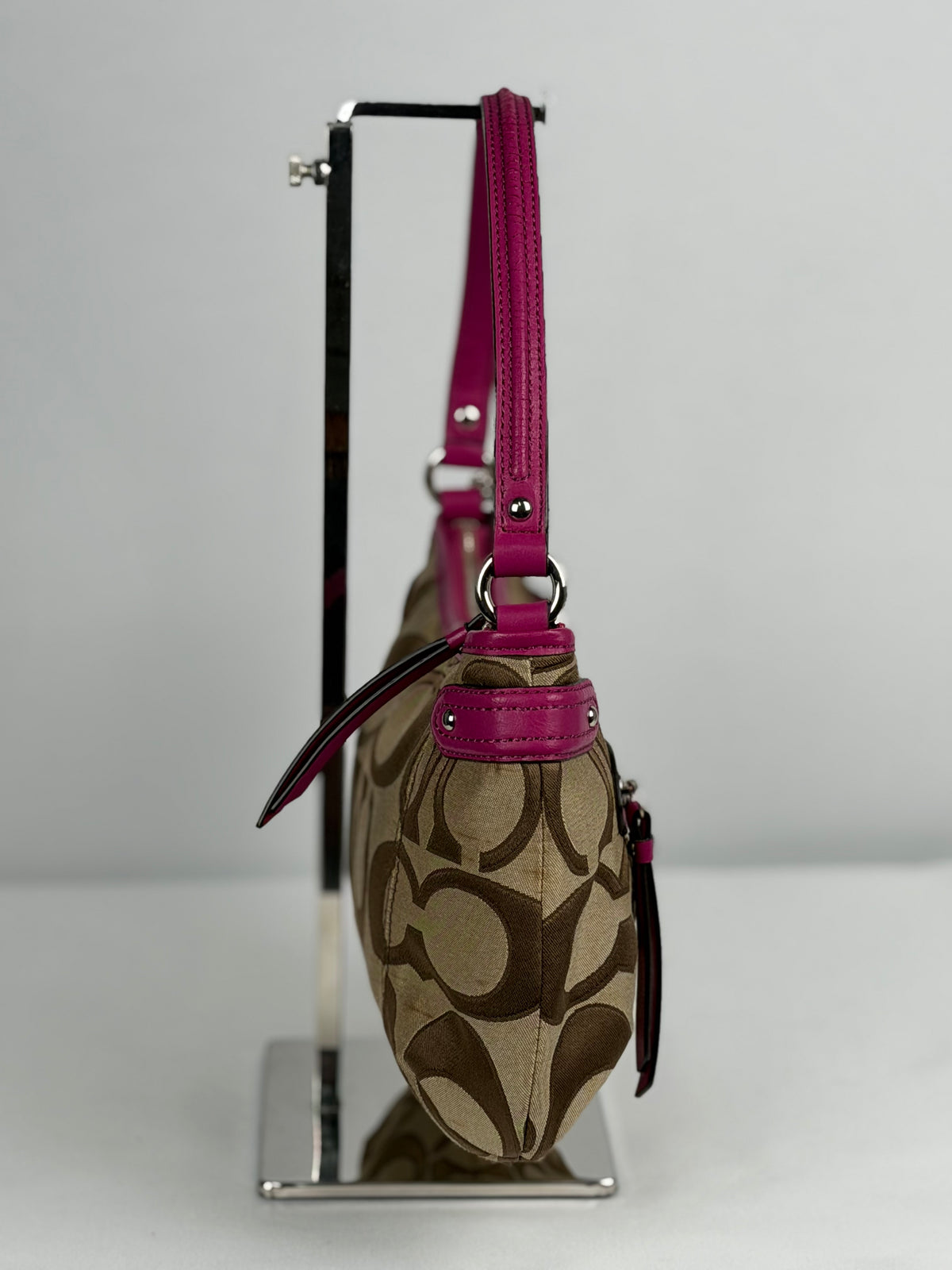 Coach F24063 Signature Brown Monogram Shoulder Bag Pink Leather Trim